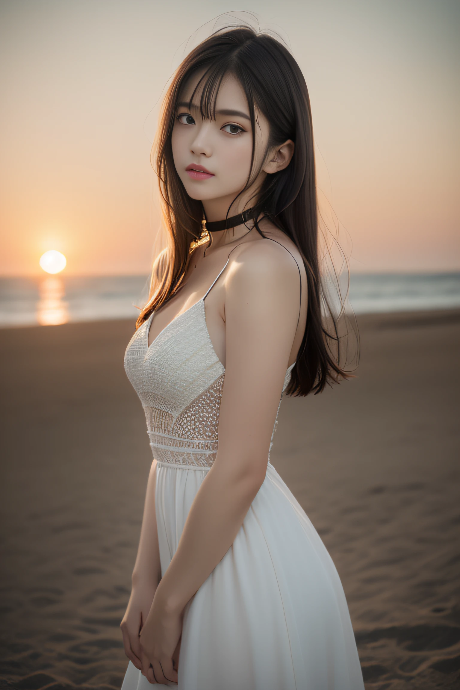 (8K, RAW photogr, Photorealistic:1.25),1girll,beachside,the setting sun,Pose,(white dresses:1.2),choker necklace,(of a real:1.4),conservative girl,full bodyesbian,lens flare glow,Textured skin