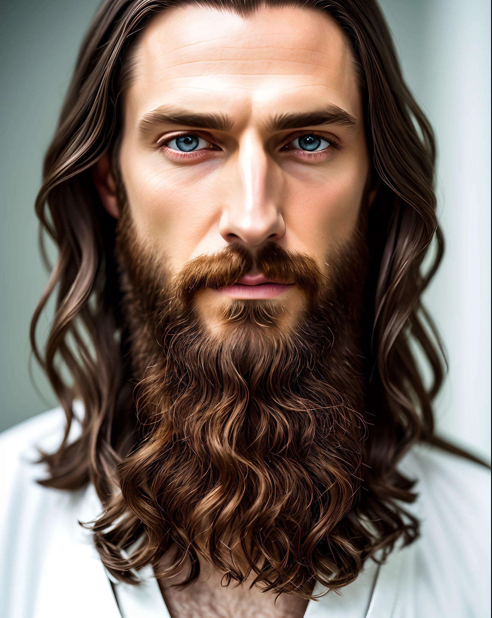 (symmetry),centered,a ((close)) up portrait,(Jesus),a very thin white man with long hair and a beard,wearing a long white robe,35mm,natural skin,clothes detail, 8k texture, 8k, insane details, intricate details, hyperdetailedhighly detailed,realistic,soft cinematic light,HDR,sharp focus, ((((cinematic look)))),intricate, elegant, highly detailed