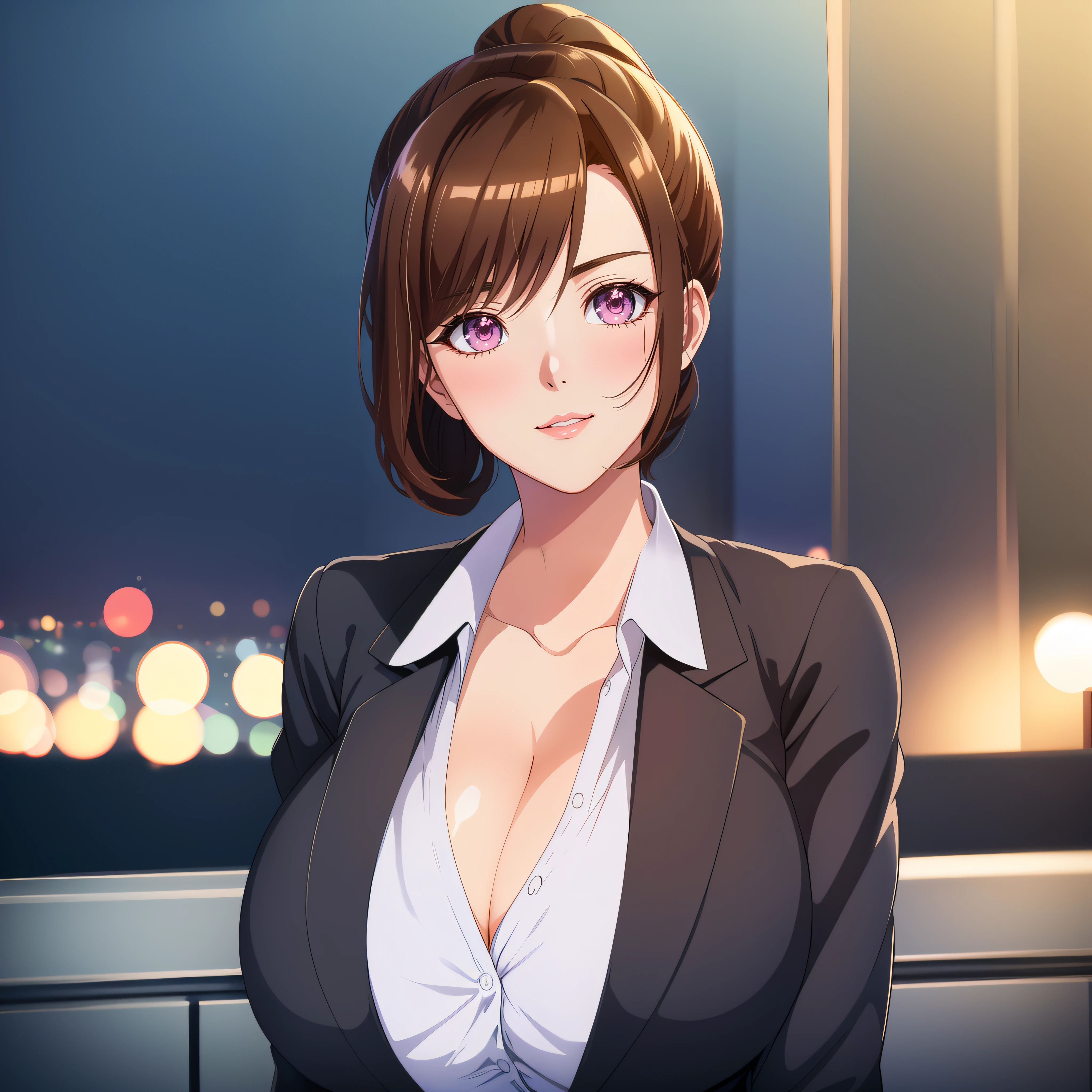 Anime - Imagen de estilo de una mujer en traje de negocios parada frente a una ventana, seductora chica de anime, OPPAI, Atractiva chica de anime, Anime CG arte suave, Hermosa y seductora mujer de anime, sonrisa sensual, Novela visual CG, Makoto Shinka, pechos grandes!, digital anime illustration, Hermosa mujer anime, Anya de Spy X Family, ; Novela visual