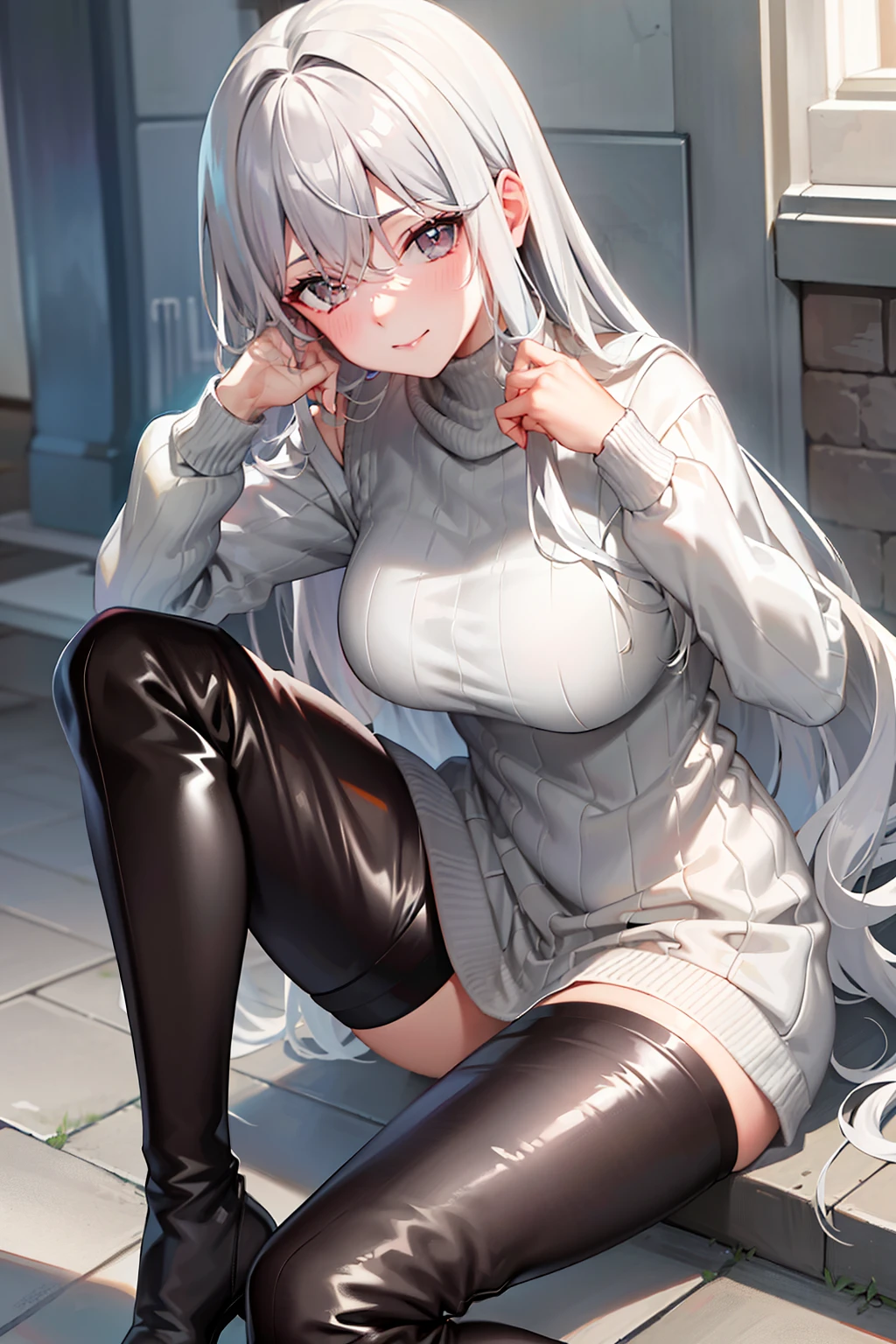 tmasterpiece, best qualtiy, light grey sweater, looking at viewert, thigh boots, whaite hair, full bodyesbian, ssmile, your legs, upper legs, Hair ruffling。