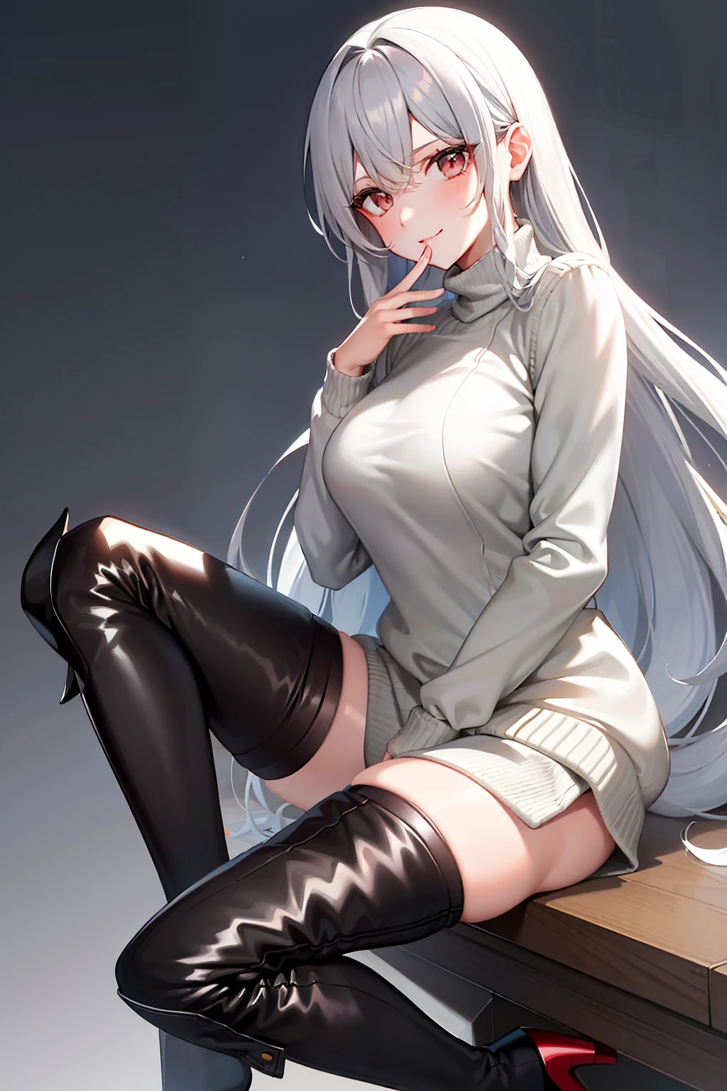 tmasterpiece, best qualtiy, light grey sweater, looking at viewert, thigh boots, whaite hair, full bodyesbian, ssmile, your legs, upper legs, Hair ruffling。