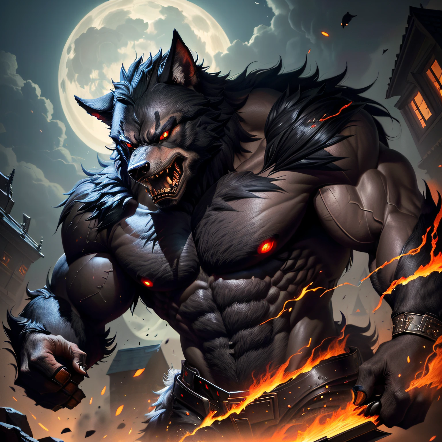 There is a big black monster，Red eyes and huge mouth, werewolf”, fenrir, werecreature, werecreature?, a minotaur wolf, muscular werewolf, Portrait of a werewolf, by Yang J, angry high moral sexy werewolf, demon-fang gnoll, wojtek fus, author：Adam Maczynski, author：Alexander Kobzd