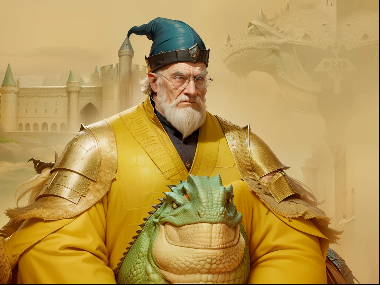 dumbledore，a old man，Big chest，wearing an outfit，Wearing crocodile dragon armor，Wearing a crocodile head hat，Muscle men ，Wear half-moon glasses，Realiy，background castle，Blue whale in hand