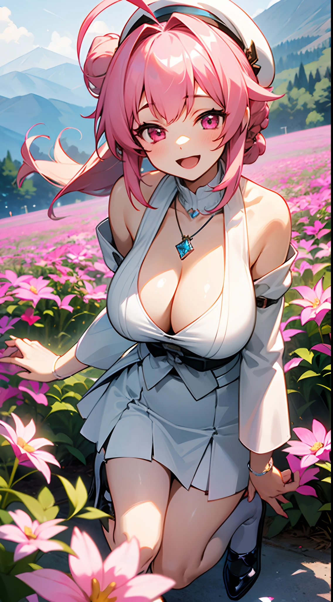 1 girl, game CG, white clothes, cleavage visible, shoulders visible, short white skirt, white beret, jewel pendant, black shoes, gigantic breasts, pink hair, long hair, hair up, princess hairstyle, ahoge , pink eyes, smile, open mouth, mountain, flower field,