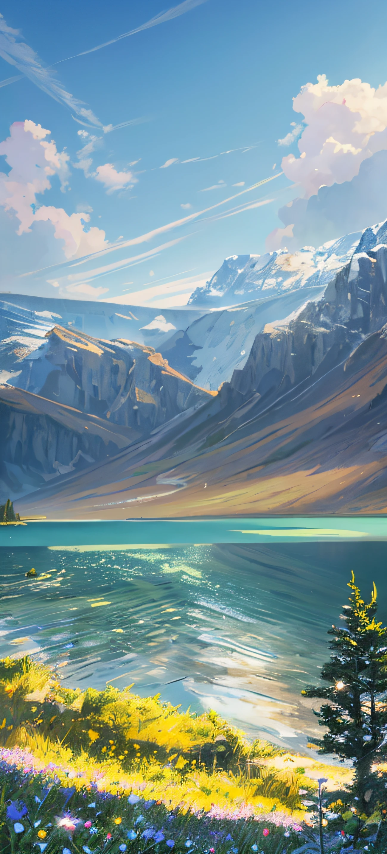 Winters,grassy fields,A few small flowers,clear lakes,a paradise,large clouds,blue-sky,scorching weather,high definition detail,hyper-detailing,cinematic ligh,ultra-realistic realism,the soft light,Deep field focus bokeh,The vista in the distance is snow-capped mountains,Ray tracing and surrealism。 --v6