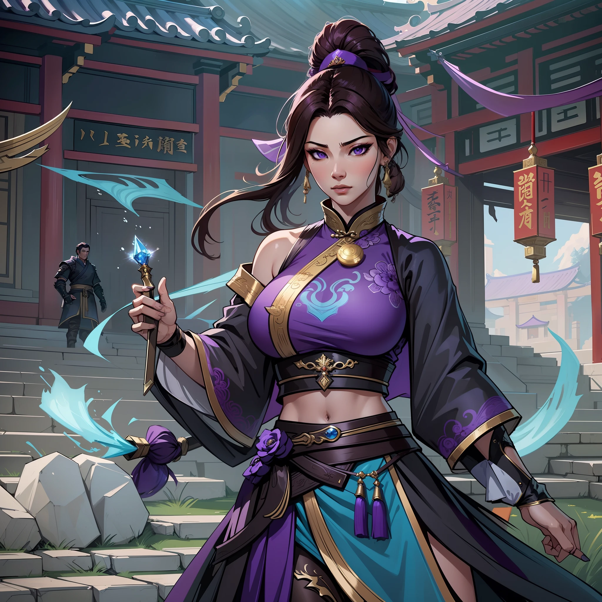 a close up of a strong woman in her 30's, with purple eyes and grey-brown hair, wearing a black and purple ball gown dress, a heroine with purple eyes, martial artist holding polearm, standing in a chinese temple, new costume concept design, in the style of blade and soul, full body character concept, detailed character design, inspired by Yang Jin, inspired by Li Mei-Shu, chinese costume, inspired by Lan Ying, inspired by Sim Sa-Jeong, inspired by Li Tang, lunar themed attire, costume with blue accents, inspired by Ju Lian, colored concept art, highly detailed character design, highly detailed face, inspired by Ai Xuan, very highly detailed face, unreal engine render, final fantasy 14 style, inspired by Leng Mei