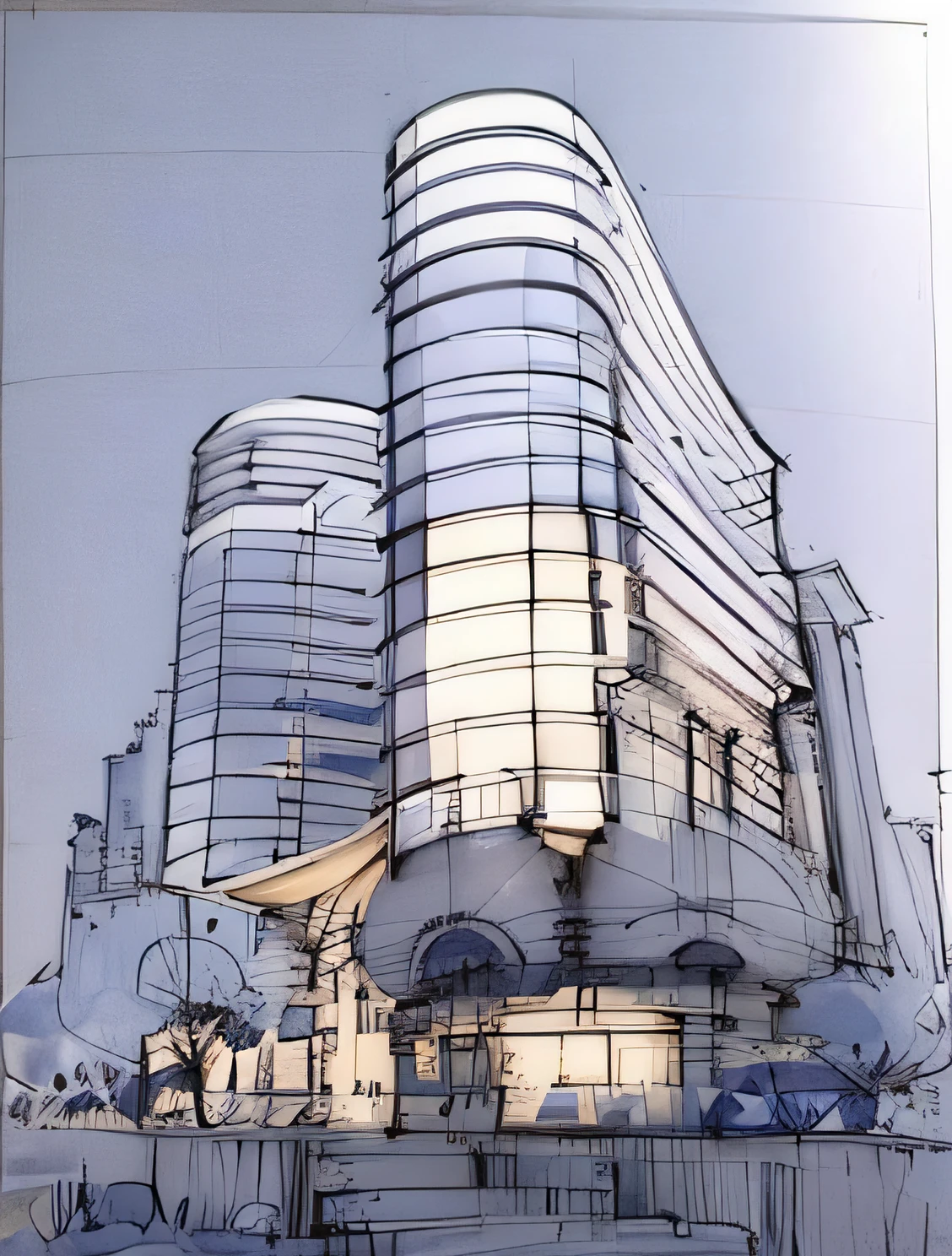 Sketch, Sketch,pen_Sketch_Style,Detailed details,white backgrounid,simplebackground,Architectural sketch style,Glass building façade,Curved architectural exterior,Low botanical landscape,high definition resolution