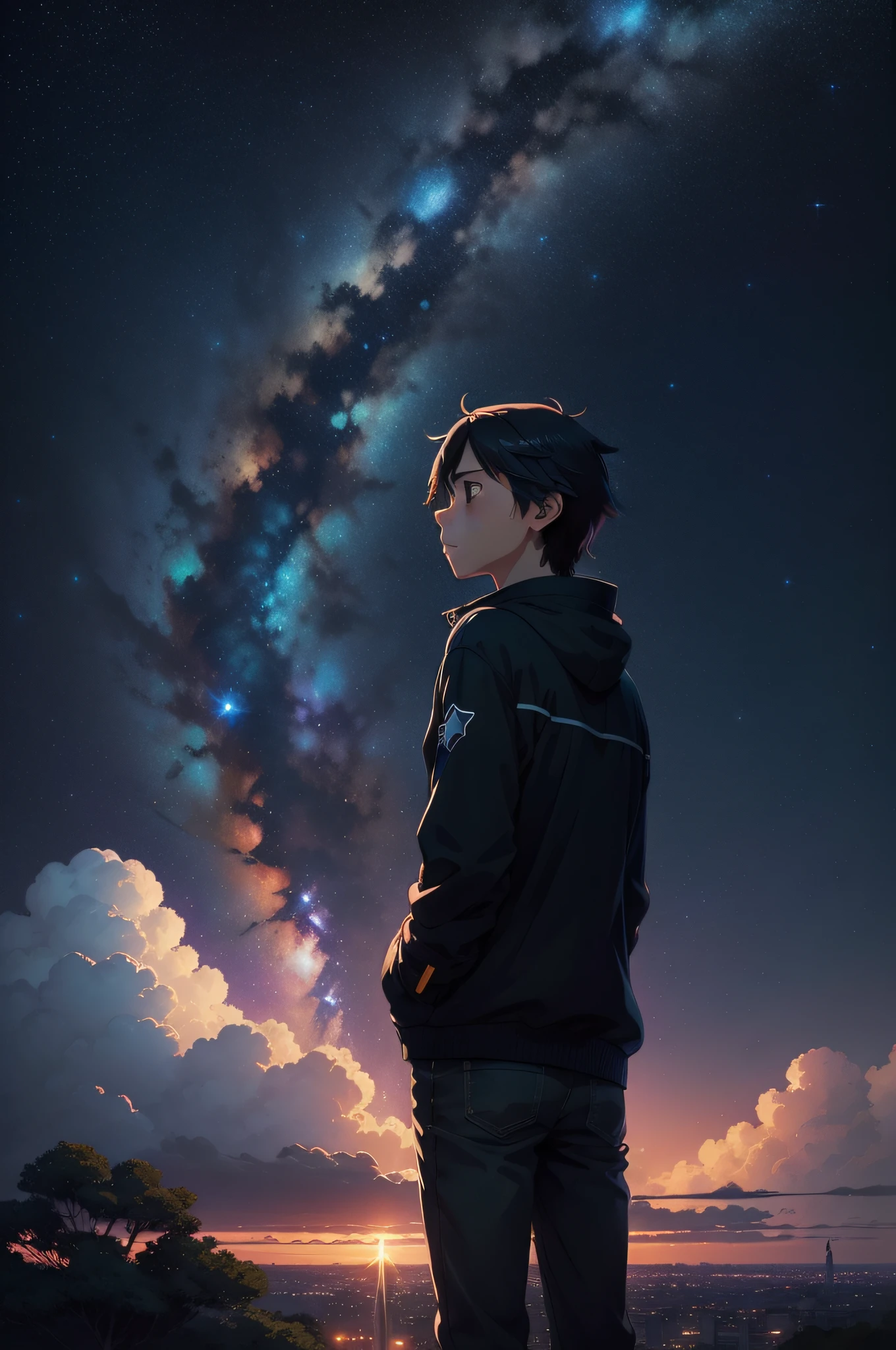 Star(skyporn) starrysky_skyporn, shooting star in background, cosmic sky. by makoto shinkai, amazing wallpapers, Anime Background, By Shinkai Makoto!, gazing off into the horizon, By Shinkai Makoto!!, Looking at the sky, Starry sky!!, in the style of makoto shinkai