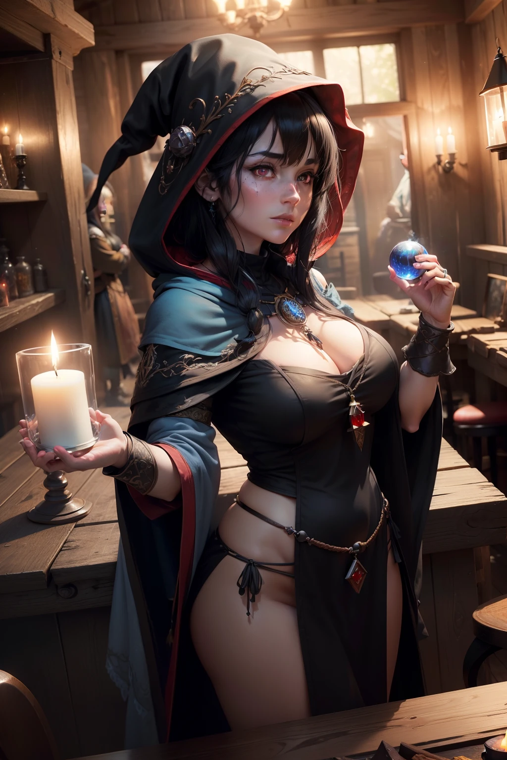 (skindentation:1.5), realistic, photorealistic, (masterpiece:1.5), concept art, intricate details, highly detailed, octane rendering, 8k, unreal engine, dynamic pose, best quality, high resolution, ((dramatic)), epic, depth of field, 8k, particle, (realistic face:1.1, hyperrealistic:1.1), ((1girl, close-up, big breasts, bare shoulders, perfect eyes, detailed eyes, high quality eyes, perfect face, face high quality, shiny skin :1.2, shiny face:1.2, embarrassed, flushed:0.8)), server, background rustic tavern interior, pitcher, sign, jovial fantasy atmosphere, detailed background, blurred wooden bar table like foreground, (((black hair, red eyes , perfect hands))), ((witch, sorcerer, extremely intricate dark robes, light blue hood, amulet, talisman, grimoire, crystal ball, tarot card, candle, cauldron, wand))