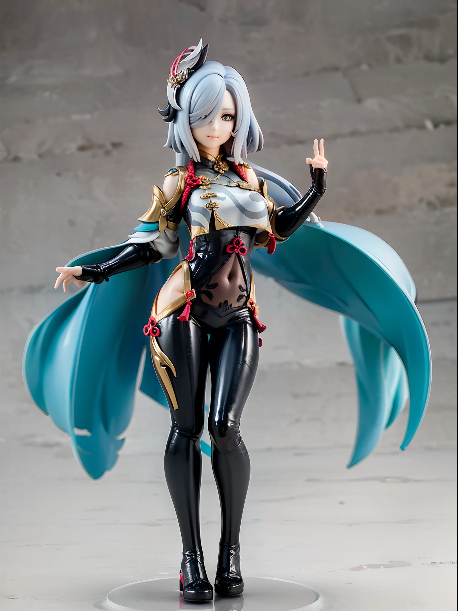 (Blind box toy style:1.3), ((Full body shot:1.4))  (((anatomy correct))),((1girl, solo)),(masterpiece:1.3), ,high quality, (SOLO:1.4), whole body, (((shenhe,genshin impact))),  smile, grey hair,long hair,hair ornament, blue eyes,braided ponytail,puffy sleeves,gloves,bodysuit,large breasts,breast curtain, shoulder cutout,covered navel,hip vent,clothing cutout, tassel,grey background, masterpiece, best quality, solo, standing, ((circular base:1.5))(Global illumination, Ray traching, hdr, unreal render,reasonable design, high detal, Masterpiece, Best quality, hyper HD, Cinematic lighting)