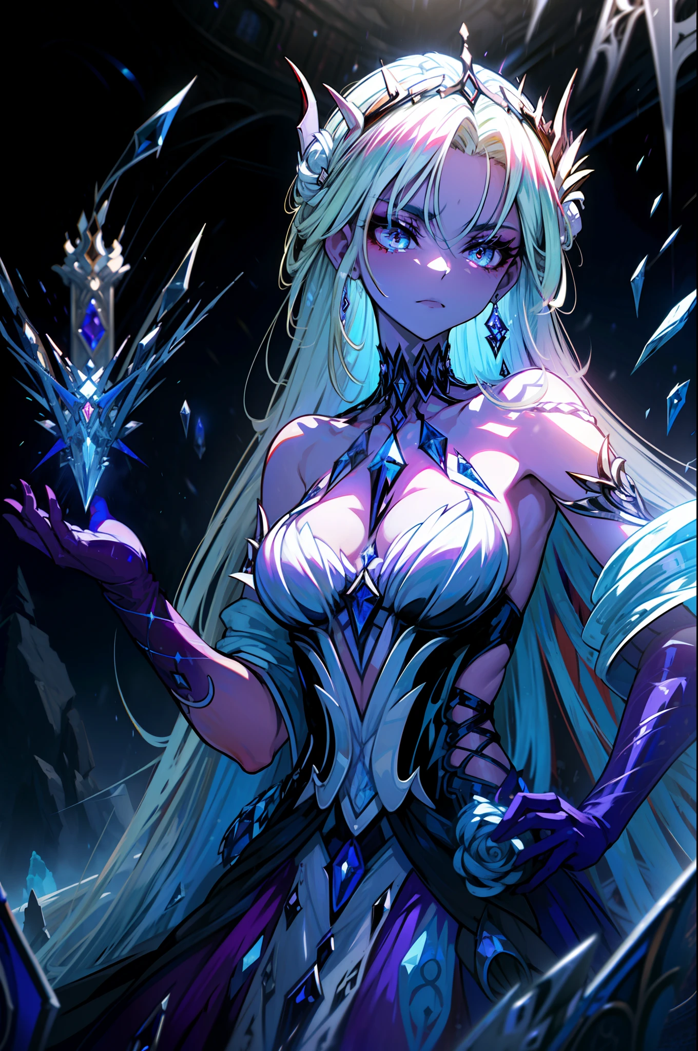 extremamente detalhado, rainha do gelo Elsa, Poderes da Magia do Gelo, Deslumbrante vestido azul, braided blonde hair, Olhos azuis Brilhantes, magical ambiance, magia do inverno, neve caindo suavemente.extreme Evil and demonic,lich queen