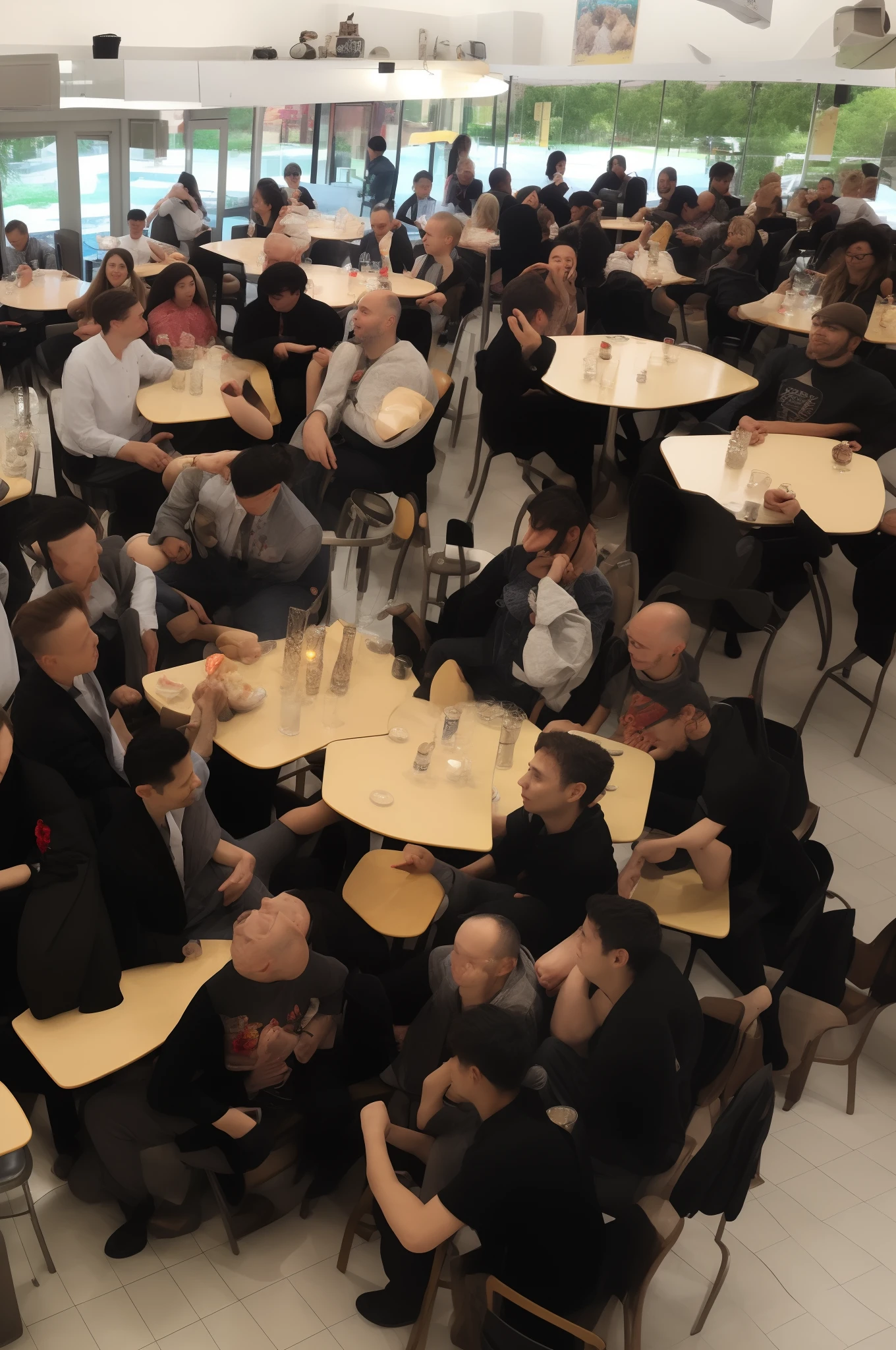 A group of magicians sitting on a cafeteria