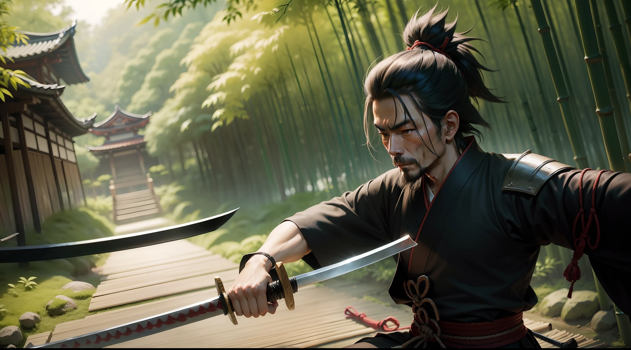 Miyamoto Musashi practicing his sword skills in a bamboo forest