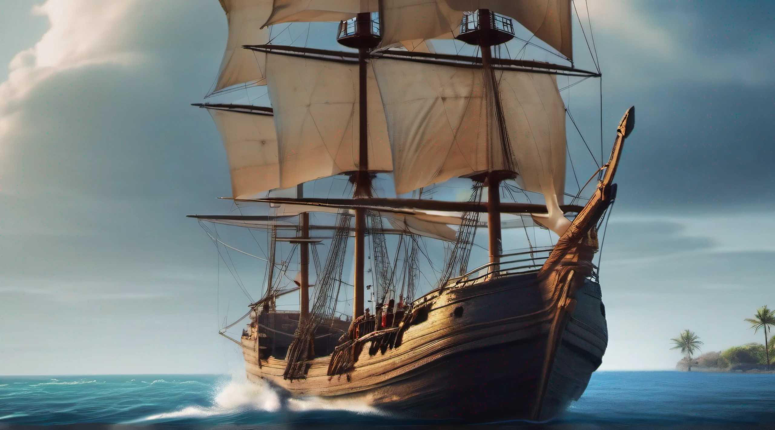 Navio pirata no mar com um homem parado em uma doca, navio pirata no fundo, navio pirata velho, navio pirata, veleiro, Arte digital altamente detalhada em 4k, em um fundo de navio pirata, 8k arte detalhada de alta qualidade, Navio no lago, um navio pirata impossivelmente enorme, muito alto detalhamento, um navio em uma ilha deserta, pintura detalhada 4K