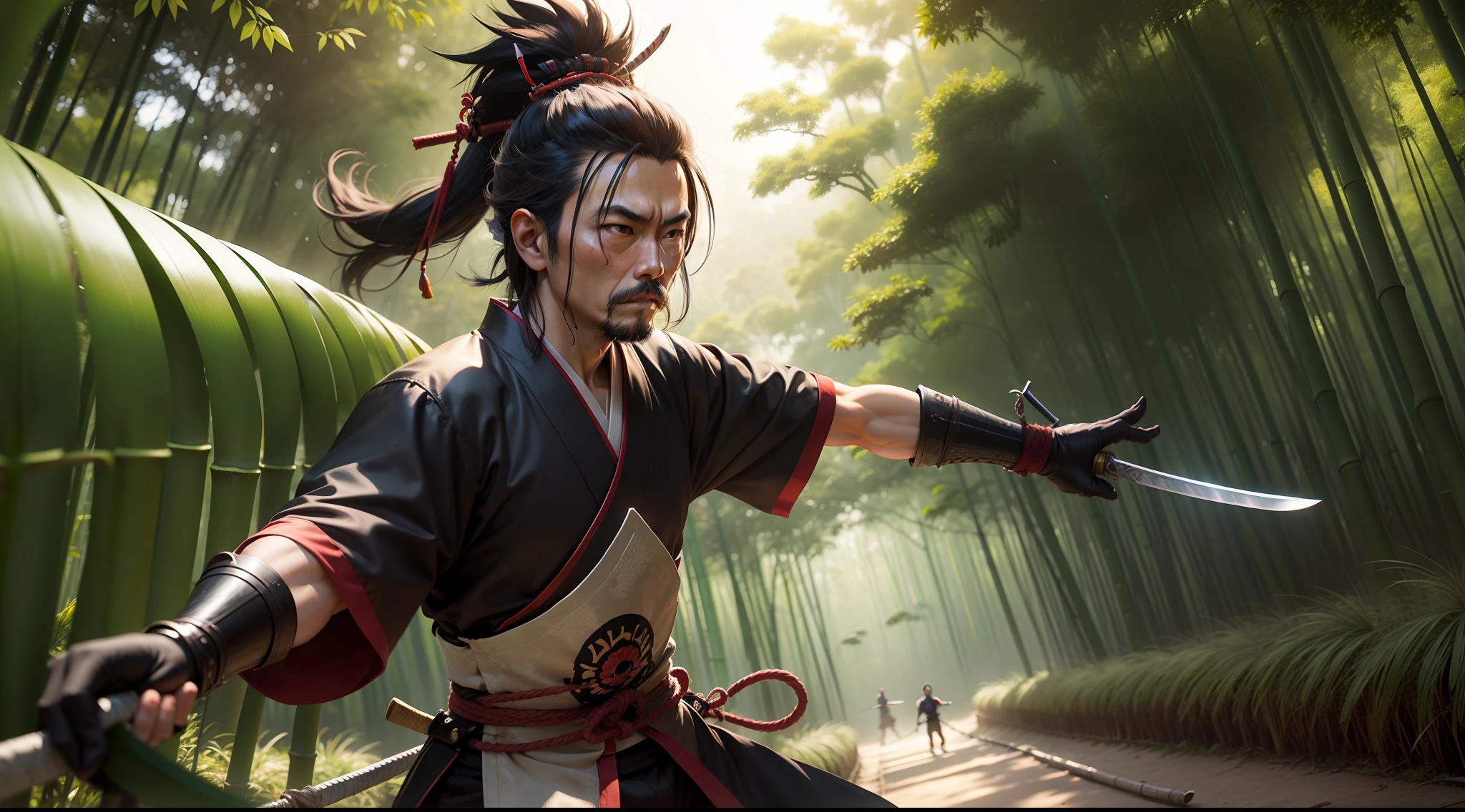 Miyamoto Musashi practicing his sword skills in a bamboo forest