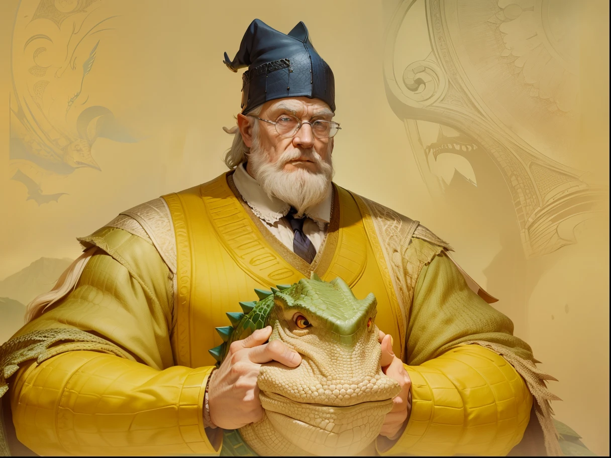 dumbledore，a old man，Big chest，wearing an outfit，Wearing crocodile dragon armor，Wearing a crocodile head hat，Muscle men ，Wear half-moon glasses，Realiy，background castle，Blue whale in hand