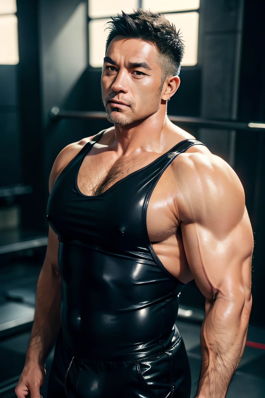 A middle-aged man was wearing a tight jumpsuit，super high image quality，detailed back ground，musculous, Muscular body,Asia face，attractive beefy man,50-year-old man ，sport, big muscular man, partially male hairy torso, Wet pubic hair，perspire，Drenched， musculous, Muscular body, hairy chest and hairy body,