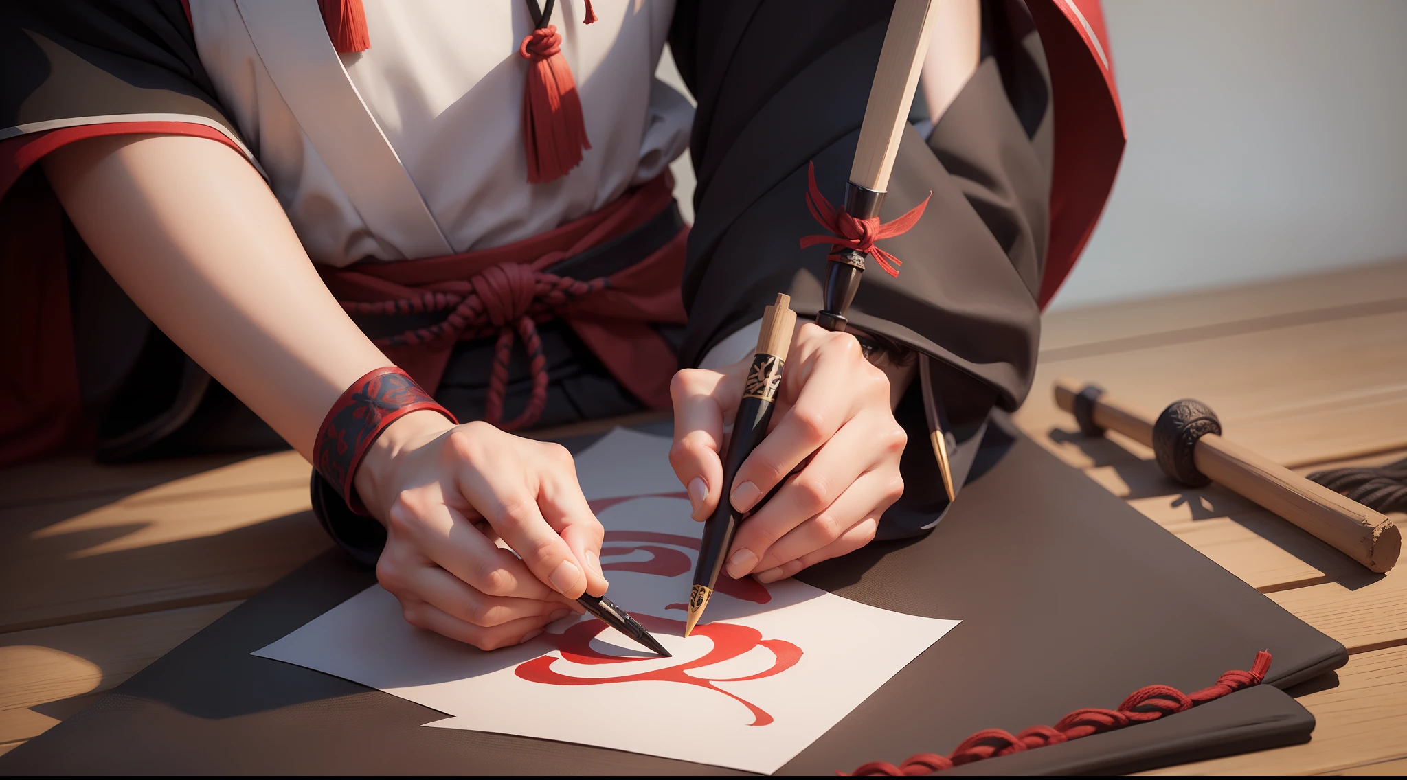Musashi writing calligraphy representing the five rings