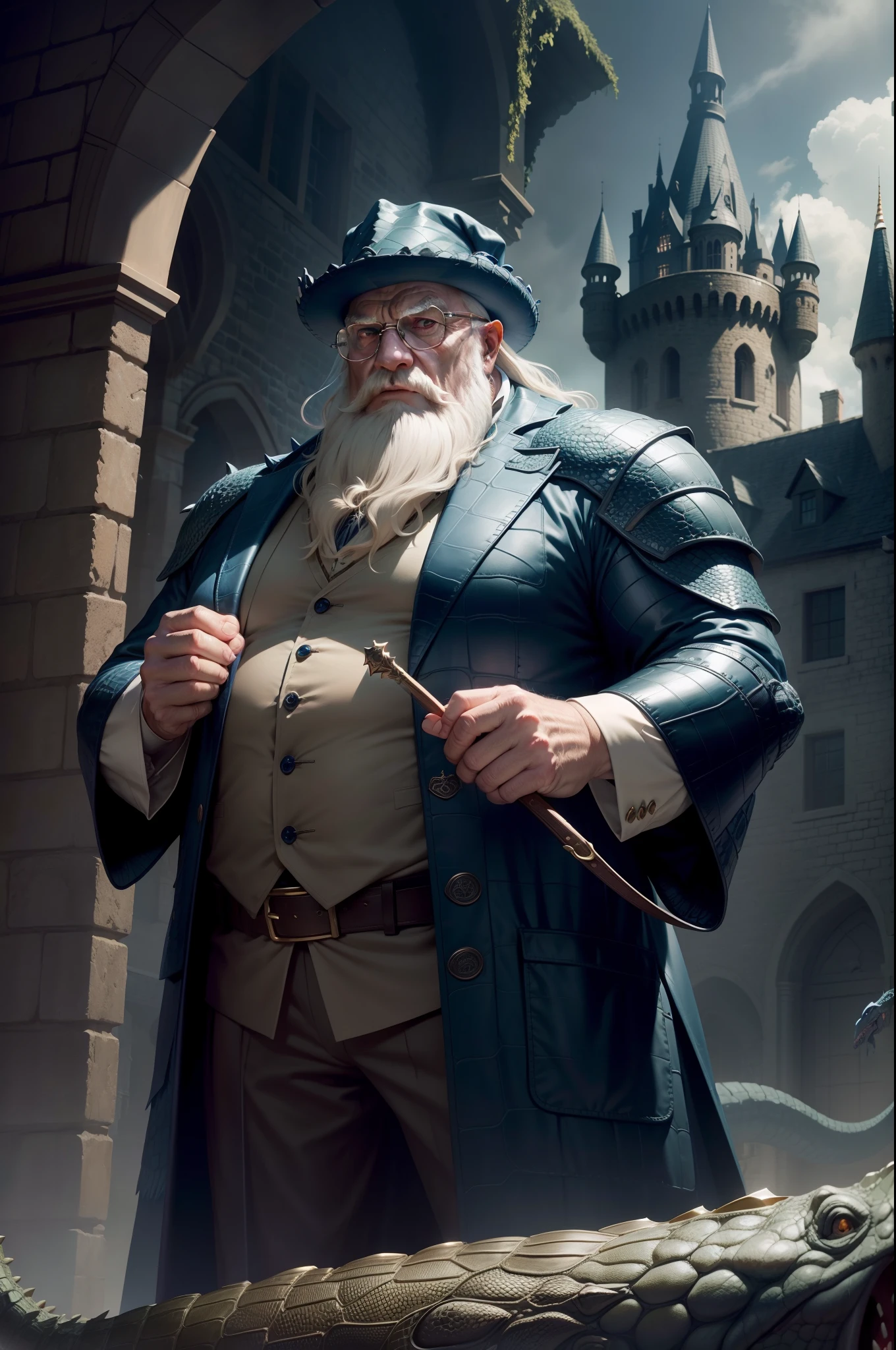 dumbledore,a old man,Big chest,wearing an outfit,Wearing crocodile dragon armor,Wearing a crocodile head hat,Muscle men ,Wear half-moon glasses,Realiy,background castle,Blue whale in hand