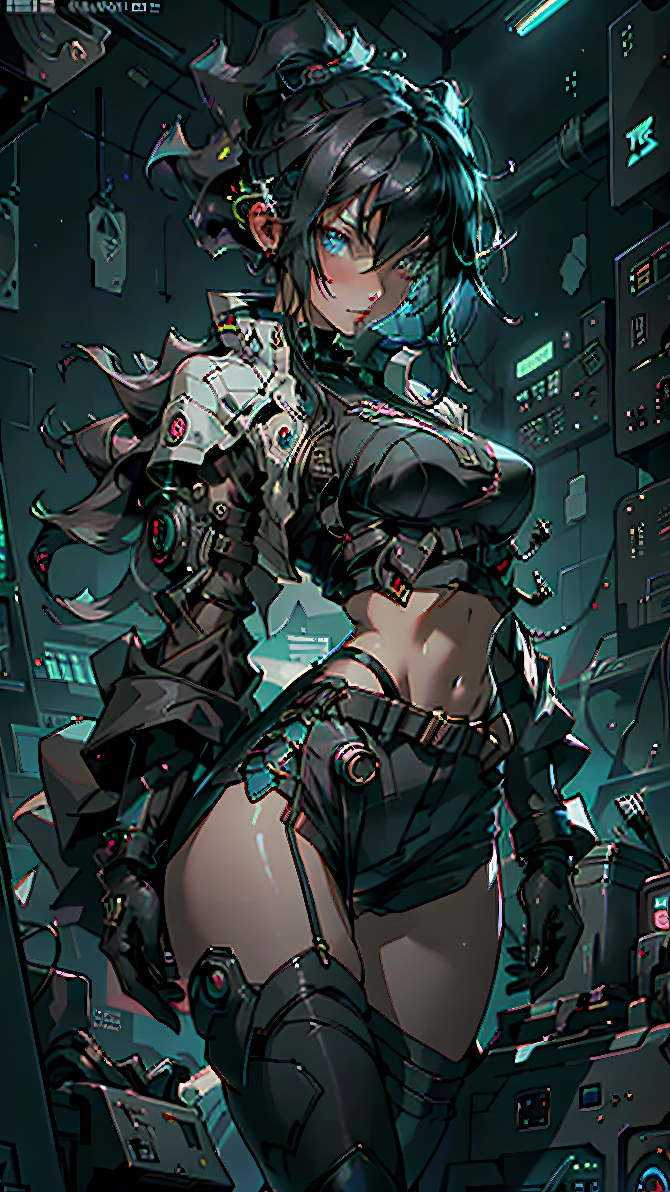 ((best qualtiy)), ((tmasterpiece)), (The is very detailed:1.3), 3D, big breasts beautiful (cyber punk perssonage:1.3) Female hacker,Thick hair,half exposed chest,Operate a computer terminal、computer servers、LCD screens、Fiber optic cable、Corporate logo、HDR(HighDynamicRange)、Ray traching、NVIDIA RTX、Hyper-Resolution、illusory 5、sub surface scattering、PBR Texture、Post-processing、Anisotropic filtering、depth of fields、Maximum clarity and sharpness、Many-Layer Textures、Albedo e mapas Speculares,Surface Coloring,Accurately simulate photo-material interactions,perfectly proportions,rendering by octane,twotonelighting,Low ISO,White balance,trichotomy,Wide aperture,8K RAW,High-Efficiency Sub-Pixel,sub-pixel convolution,Luminous Particle,Black hair, hair bobbles, wince, long eyelasher, solid circle eyes, surrealism, shadowing, anaglyph, stereograms, tachi-e, angle of view, Atmospheric perspective, Nikon, Sony FE GM, f/4.0, From below, From above, Close-up, 8K, Super detail, ccurate, Best quality,Cyberpunk girl, beautiful cyberpunk woman model, very beautiful cyberpunk samurai, Cyberpunk woman cyberpunk beauty exposed,huge tit,Fleshy legs,Long legs,Combat skirt,Long boots,Suspender stockings heels