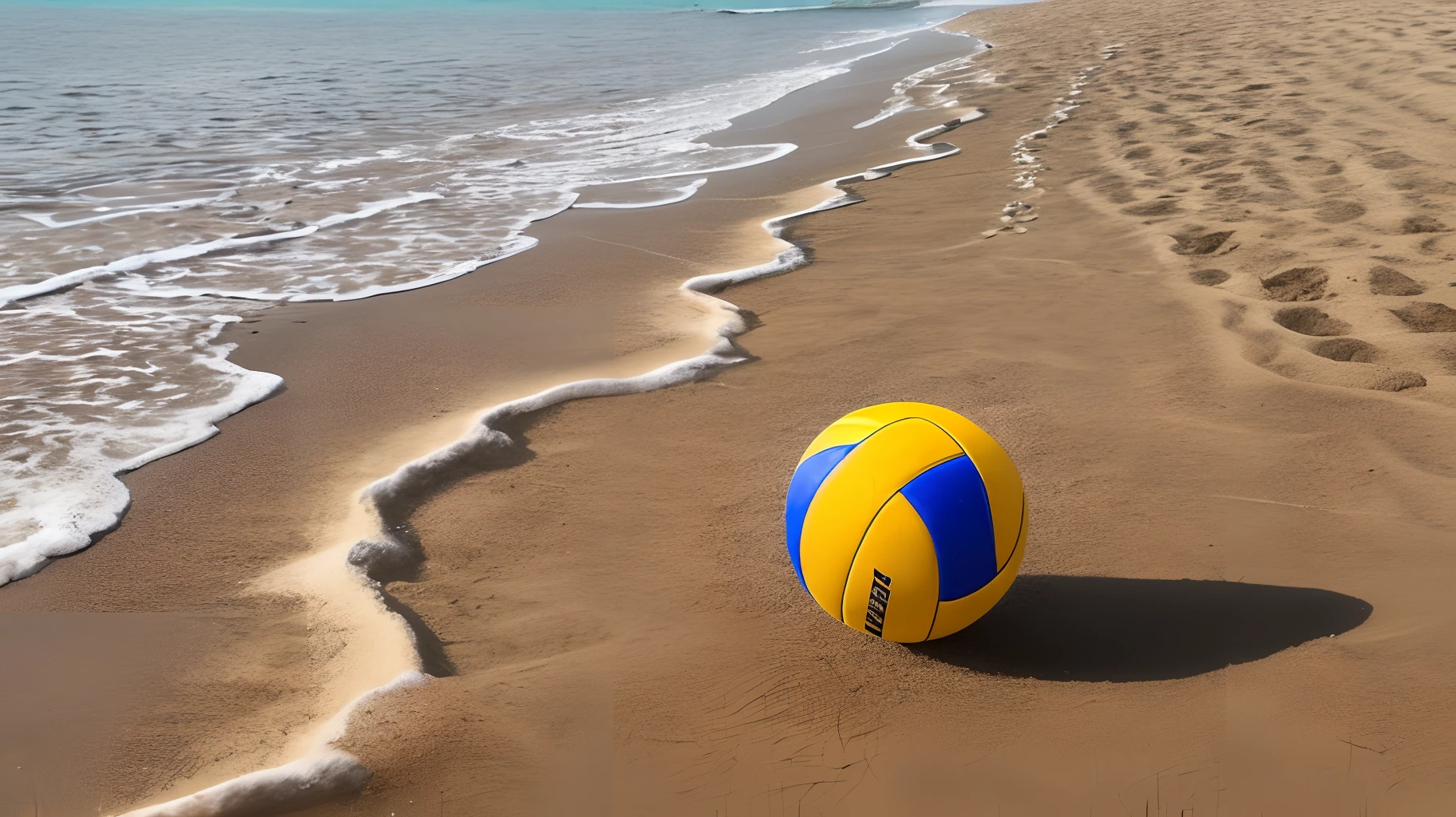 On a sandy beach, a volleyball fell from the sky, bounced as it hit the sand, and flew into the distance, causing some sand to splash up from the surface. --auto --s2