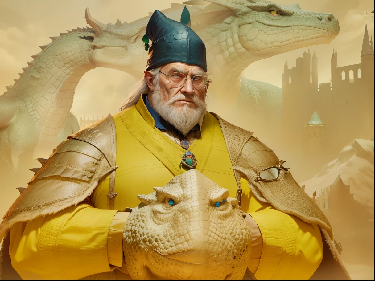 dumbledore,a old man,Big chest,wearing an outfit,Wearing crocodile dragon armor,Wearing a crocodile head hat,Muscle men ,Wear half-moon glasses,Realiy,background castle,Blue whale in hand