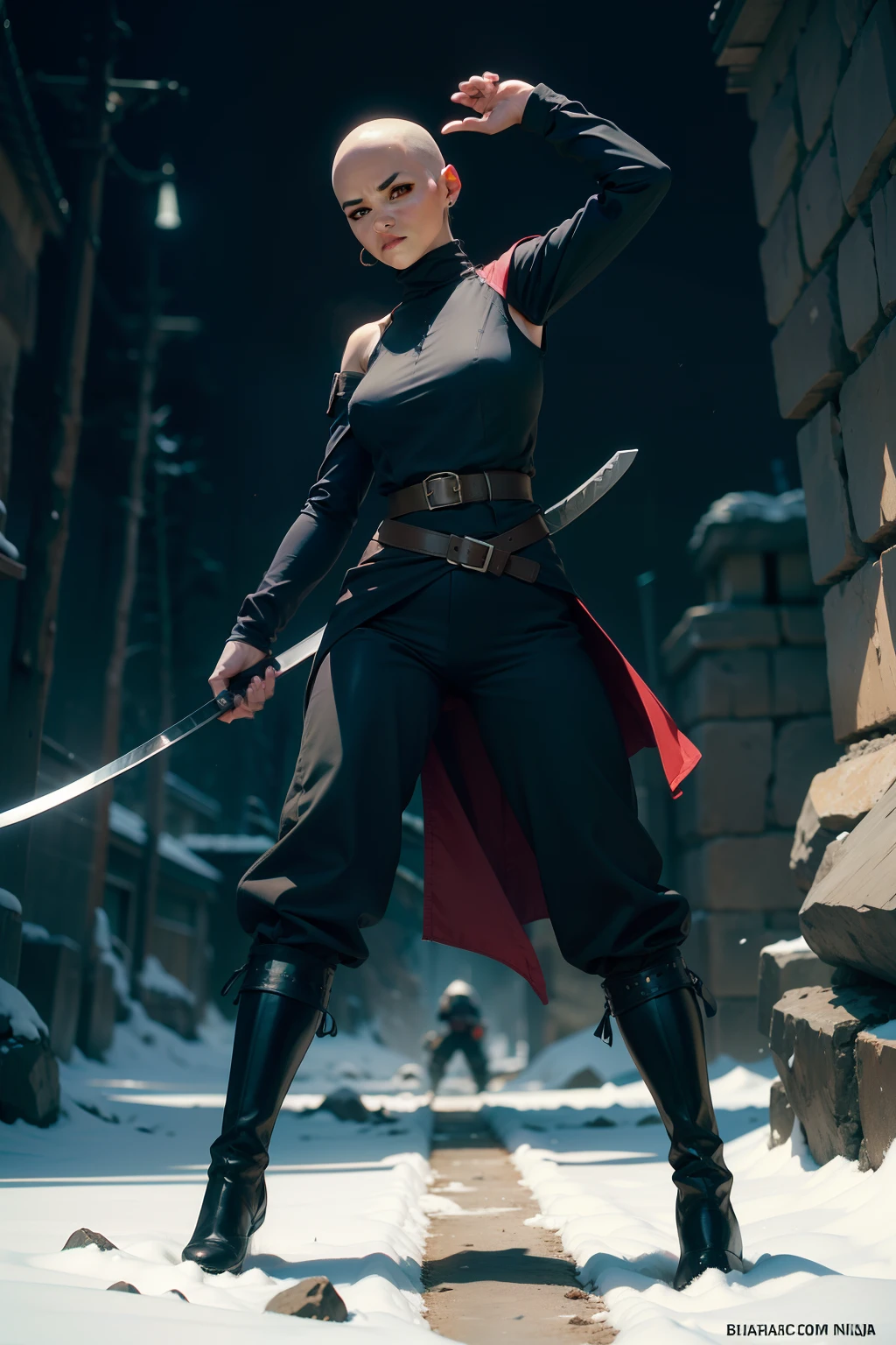 realista, mulher, careca, sem cabelo, grandes brincos, ninja, mulher ninja, Manto medieval preto, pants, Botas, corpo todo, corpo inteiro, sem fundo