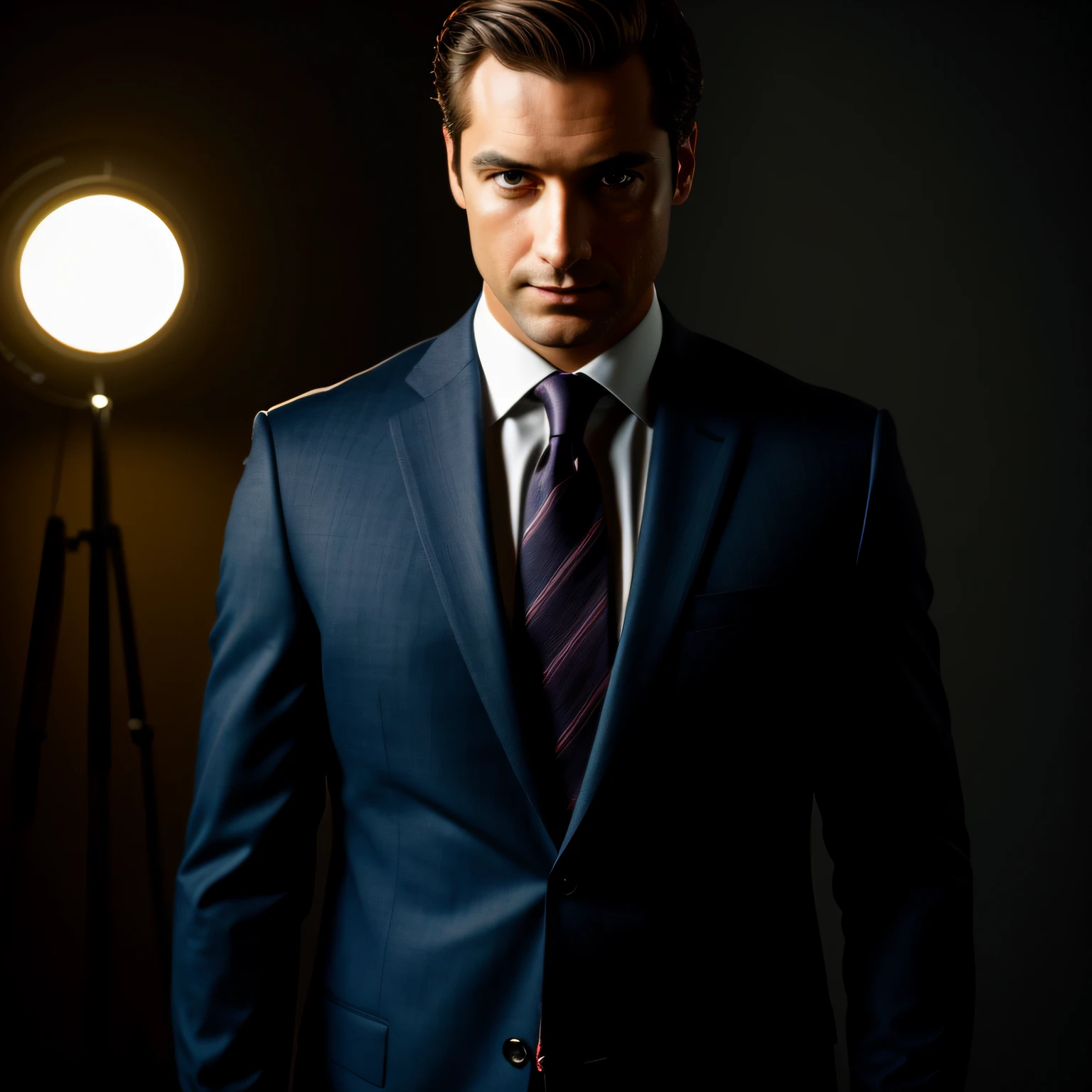 a Man standing with 30 years in suit and tie, body and head straight in the photo, DSRL, facing the viewer of the photo, eyes fixed to the lens, appears shoulders and head in the photo, man centered in the photo, 8k, best quality, masterpiece, realistic, realistic photo, movie photo, ultra realistic, 1 person, detailed,  Perfect lighting, DSRL, professional photo, 4k
