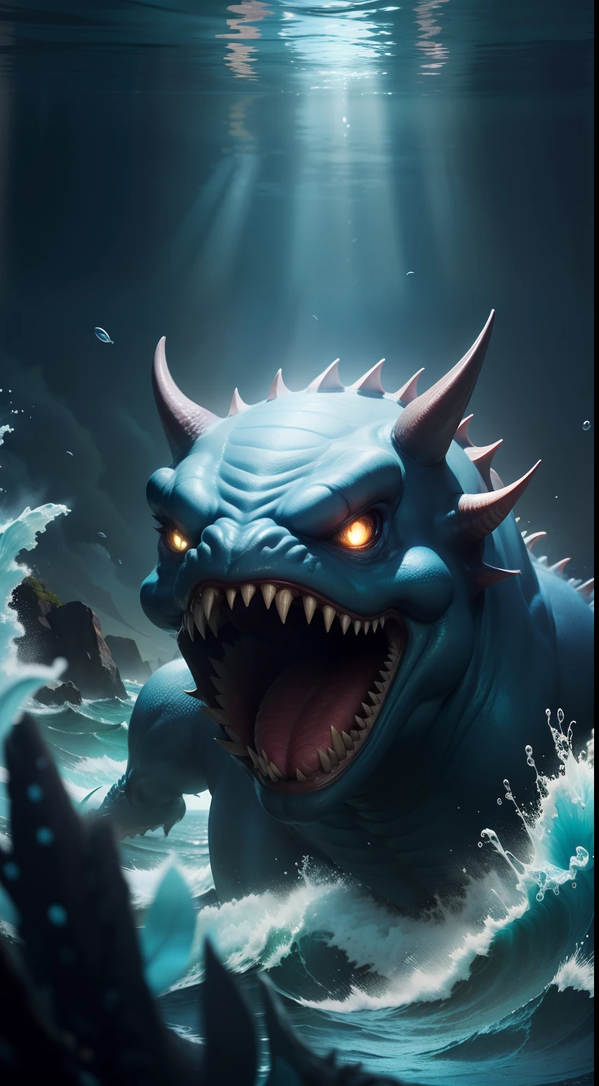 A angry, blue sea monster, under the ocean.