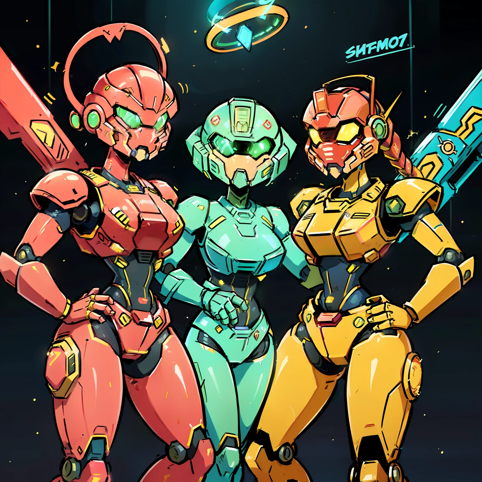 a scene of space Rangers standing confident,  ((similar but not limited to (Metroid Prime), (Halo), (Doom Eternal), (Mighty Morphing Power Rangers), (90's mecha anime))) weirdness, beautiful, pretty, sexy, handsome, fantasy,  year 3023, tech, solid color armor, reimage lovely friendly characters