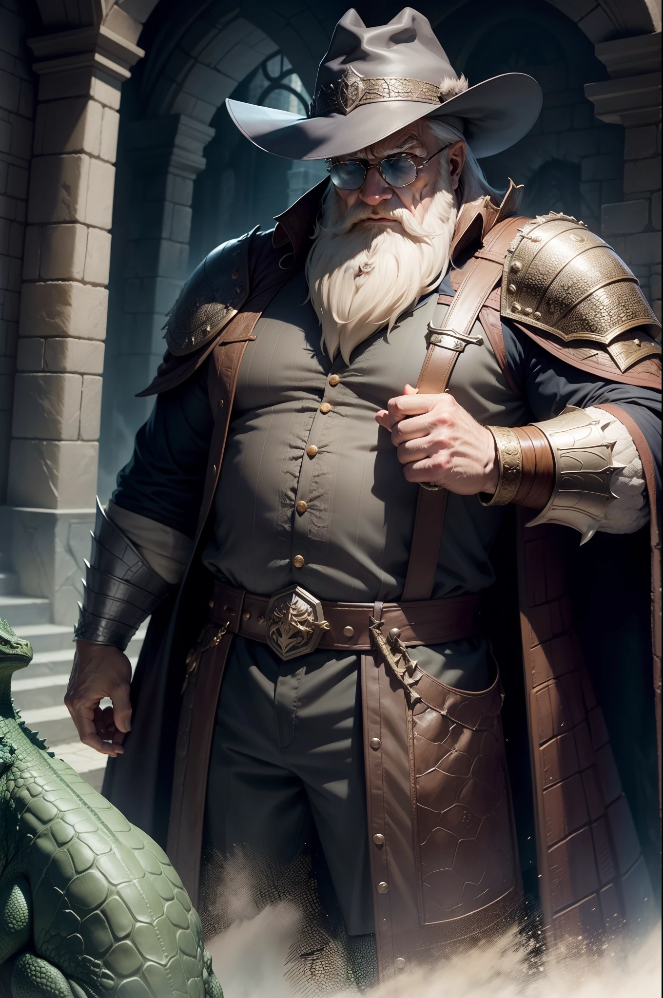 dumbledore,a old man,Big chest,Wearing crocodile dragon armor,Wearing a crocodile head hat,muscle men ,Man ,Wear half-moon glasses,Realiy,background castle