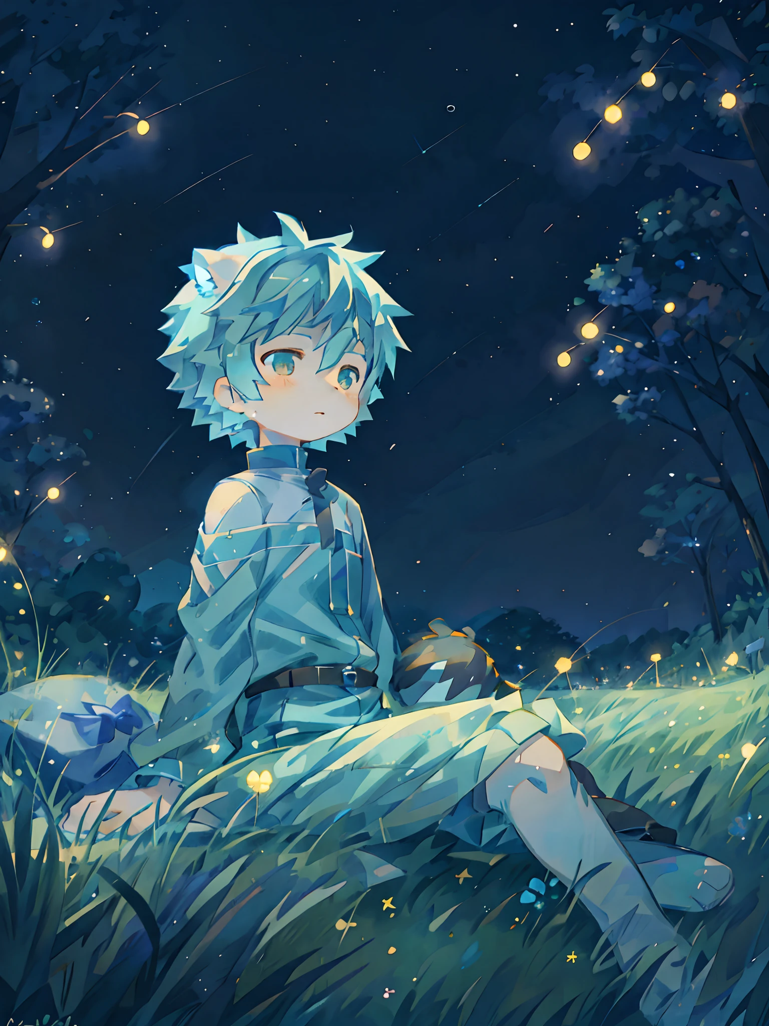 Anime boy sitting on grass looking at the stars, kaworu nagisa, offcial art, official fanart, official anime still, sitting in a field, cozy night fireflies, Official illustration, Star(sky) Starry_sky, watching the stars, zerochan art, glowworm!!, author:New Art, inspired by Tosa Mitsuoki,Blue male cat