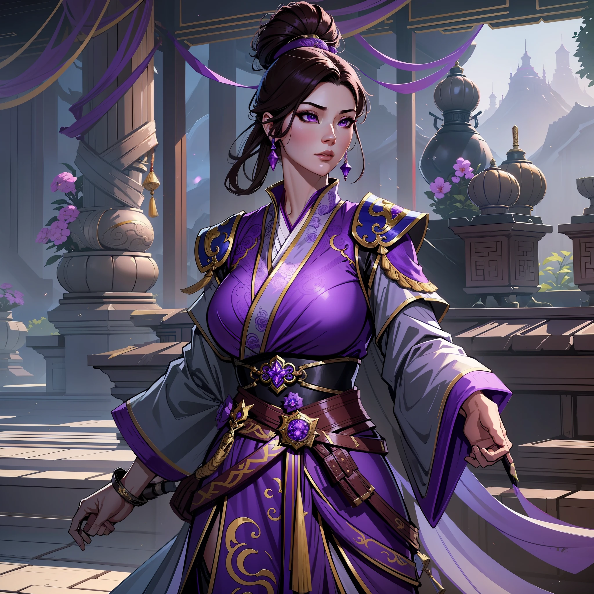 a close up of a strong woman in her 30's, with purple eyes and grey-brown hair, wearing a black and purple ball gown dress, a heroine with purple eyes, martial artist holding polearm, standing in a chinese temple, new costume concept design, in the style of blade and soul, full body character concept, detailed character design, inspired by Yang Jin, inspired by Li Mei-Shu, chinese costume, inspired by Lan Ying, inspired by Sim Sa-Jeong, inspired by Li Tang, lunar themed attire, costume with blue accents, inspired by Ju Lian, colored concept art, highly detailed character design, highly detailed face, inspired by Ai Xuan, very highly detailed face, unreal engine render, final fantasy 14 style, inspired by Leng Mei
