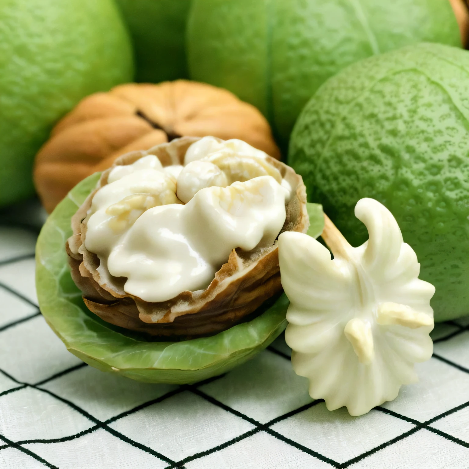 There is a walnut shell and a green-skinned walnut and some green-skinned walnuts, walnuts, 1/320, 1/30, 240p, nut, surreal alien ribbed white fruit, 1/60, 1 / 8 0 seconds, 1 / 1 2 5, 1/125, A detailed, 🐿🍸🍋