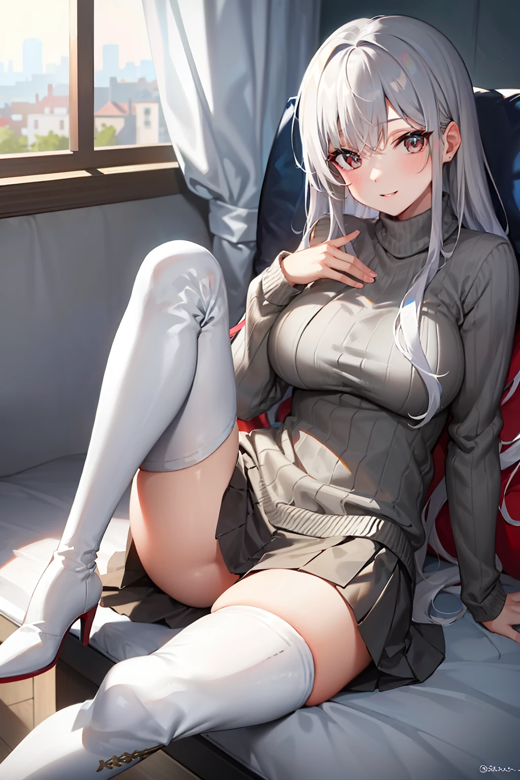 tmasterpiece, best qualtiy, light grey sweater, looking at viewert, thigh boots, whaite hair, lie, full bodyesbian, ssmile, your legs, upper legs。