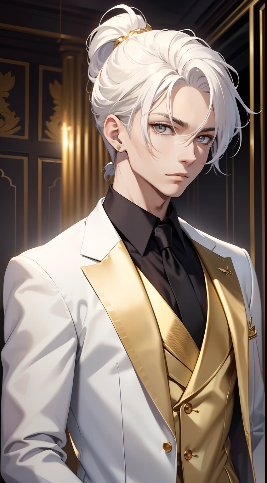 Grown-up guy, white colored hair, high ponytail, golden eyes, white suit with gold elements, Masterpiece, hiquality