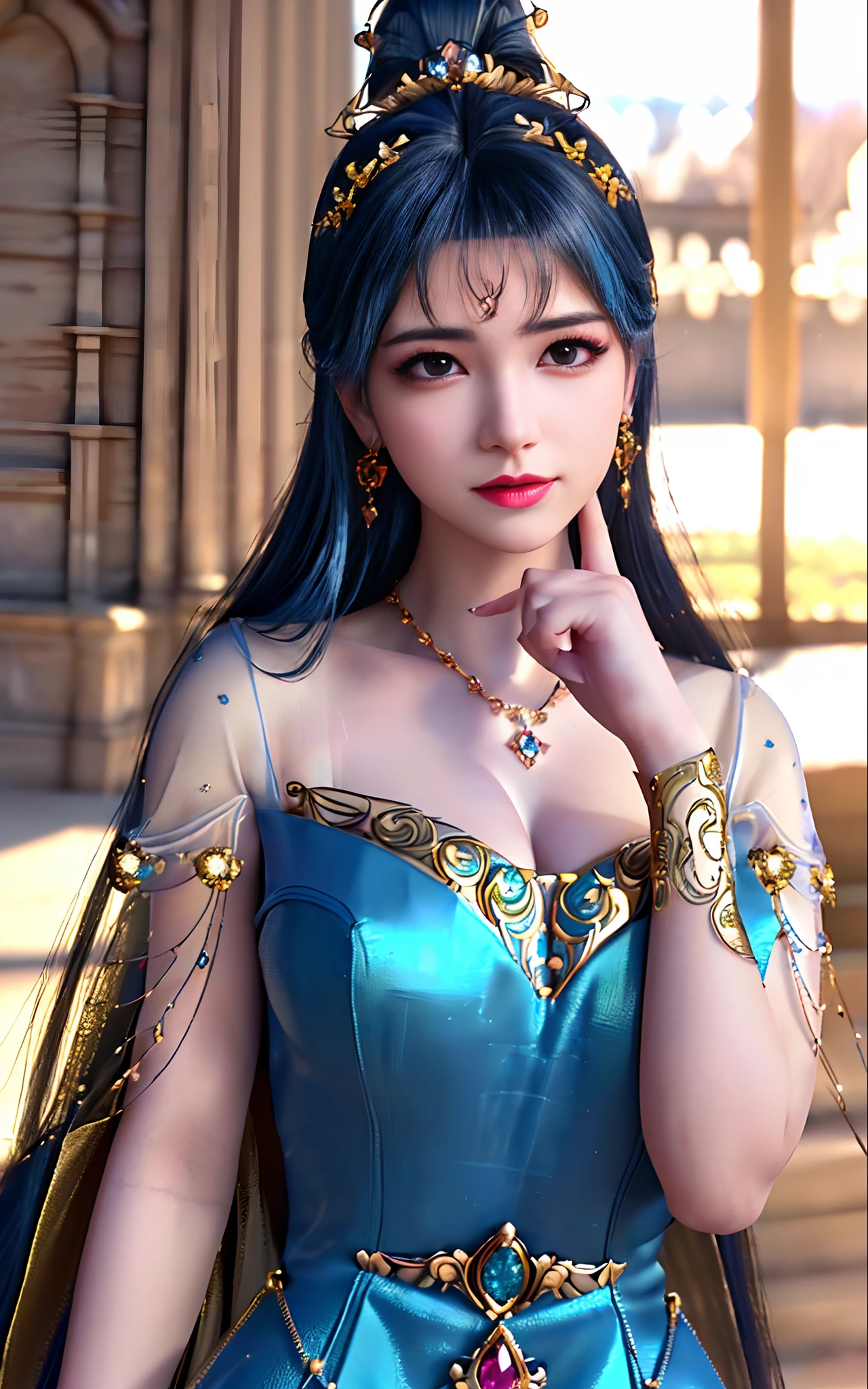 ((realisticity: 1.2)), ((best resolution: 8K UHD)), best quality,masterpiece,highres,cg,
((1 super detailed and super realistic girl)), ((very beautiful queen dazzling, super realistic, and super detailed)),((white skin, beautiful, smooth, youthful, super realistic and super detailed
)), long hair, ((super realistic and super detailed dress)), solo, ((super realistic, super beautiful, gorgeous and super detailed jewelry)), ((super beautiful, super realistic and super detailed dark red and golden yellow dress)),
((super beautiful, super realistic, super detailed diamond filled earrings)),
((super beautiful, super realistic and super detailed diamond filled hair ornament)), ((super beautiful upper body, super beautiful, super realistic and super detailed)), ((big breasts: 2.5)),
((super grand, super realistic and super detailed royal palace backgroun))
((super beautiful, super beautiful, super realistic and super detailed hair bun)), ((super beautiful, super realistic and super detailed blue hair)),
candid, Photograph, high resolution, 8k,Bokeh,