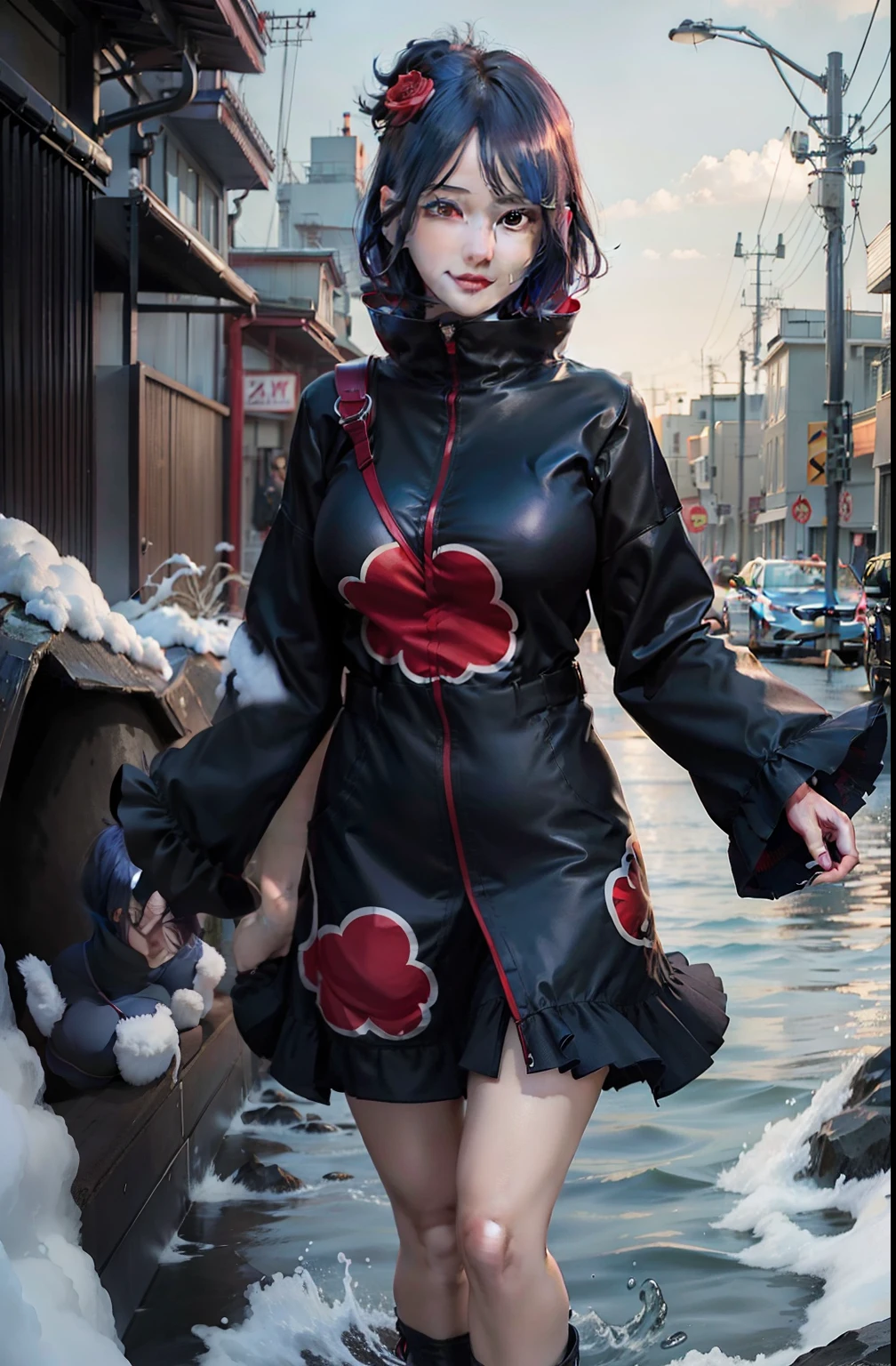 1girl, konan akatsuki, blue sea hair, short hair, blue eyes, smile, very big breasts, black and red clothes, realistic, ultra detail, outdoor background