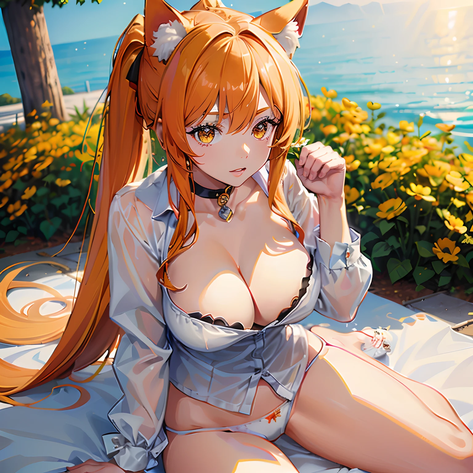 ((Best quality)),((ultradetailed)), ((Masterpiece)), illustration,Cat anthropomorphism,cat ear,orange color hair,High ponytail,Yellow eyes,Loose white shirt,Bare legged,Wear only white panties,sat on the ground,Holding a small white flower in his left hand,anime big breast,quadratic element,