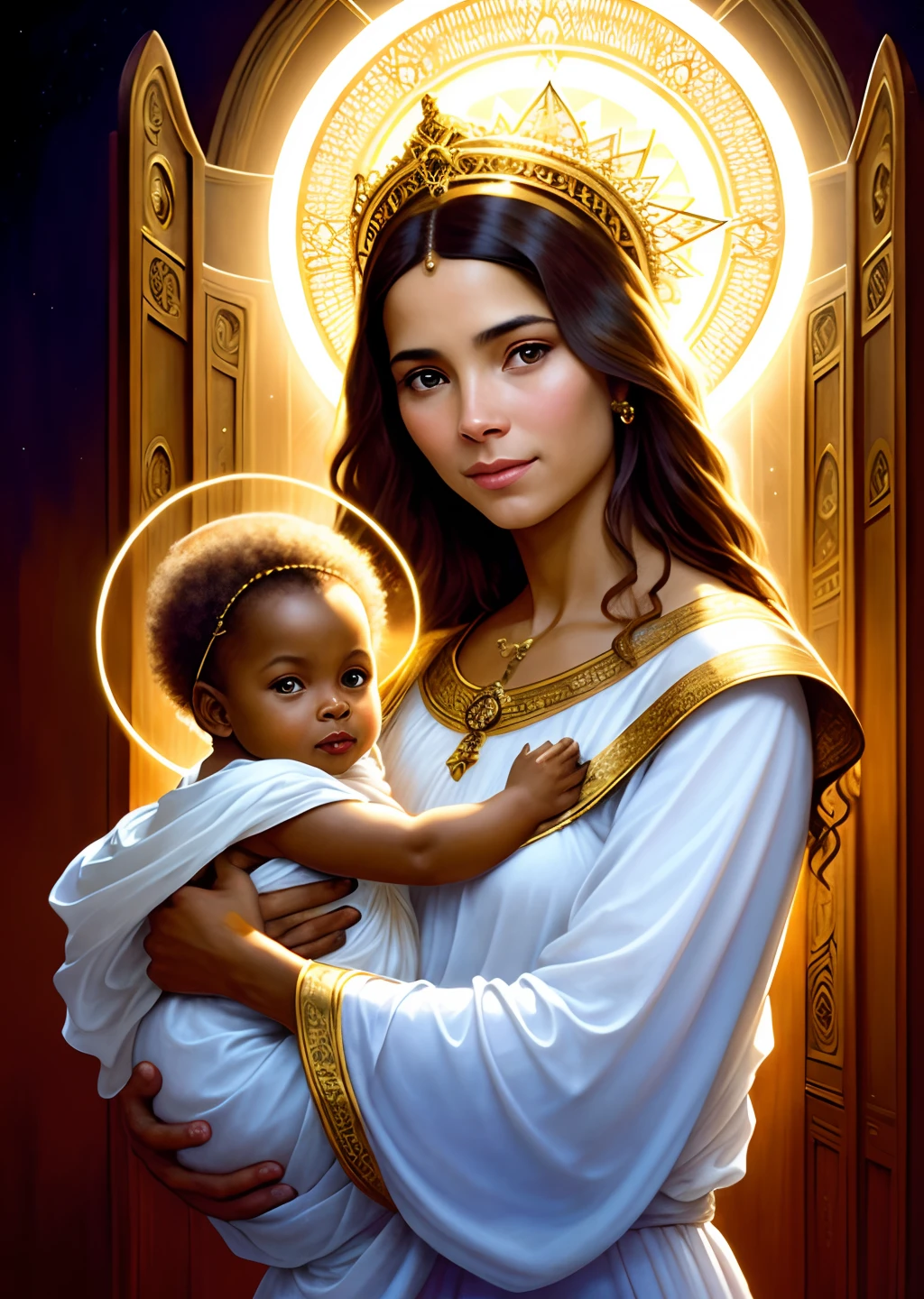 obra-prima, African Women and Children, Blessed Virgin Mary with child in her arms, ((Halo over head)), sorrindo, celestial sky, meio corpo, ((Luz Divina)), Ethereal, nuvens, roupa azul escura, retroiluminação, Retrato realista, symmetrical design, forte, intrincado, altamente detalhado, Pintura digital, art-station, arte conceitual, fluido, foco nítido, illustration, Against the Gate of Heaven, cinematic lighthing, Obras de Artgerm e Greg Rutkowski e Alphonse Mucha