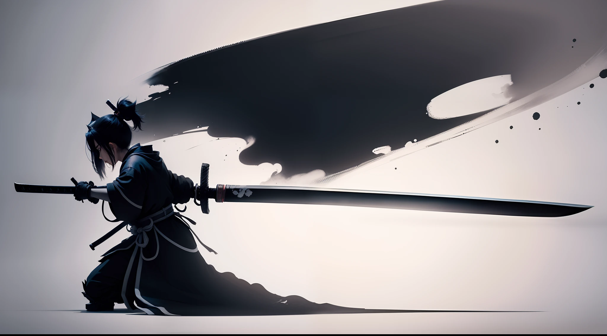 A minimalist ink painting of Musashi's katana sword