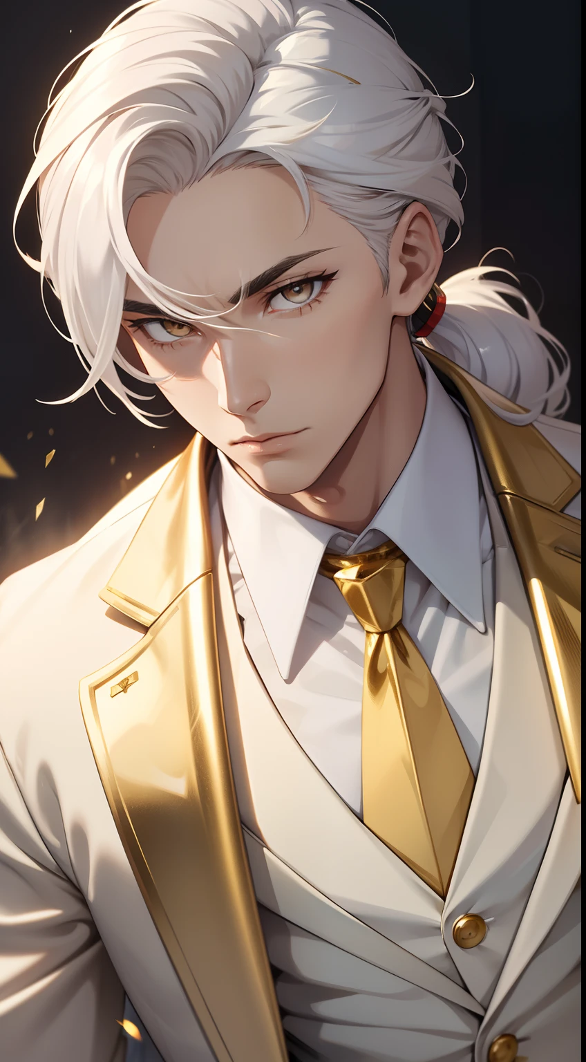 Grown-up guy, white colored hair, high ponytail, golden eyes, white suit with gold elements, Masterpiece, hiquality