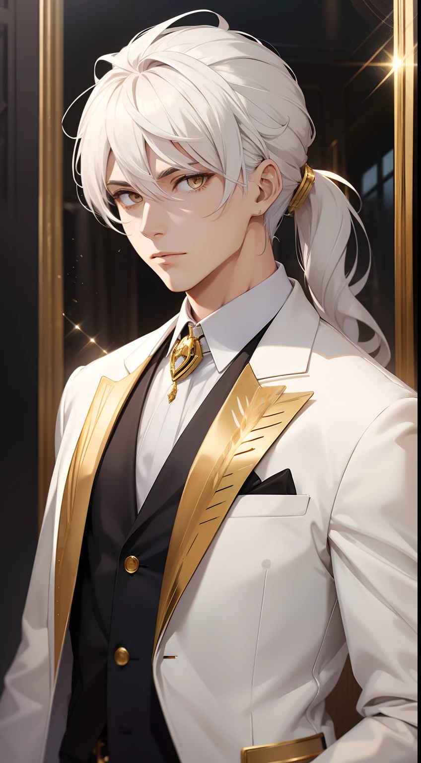 Grown-up guy, white colored hair, high ponytail, golden eyes, white suit with gold elements, Masterpiece, hiquality