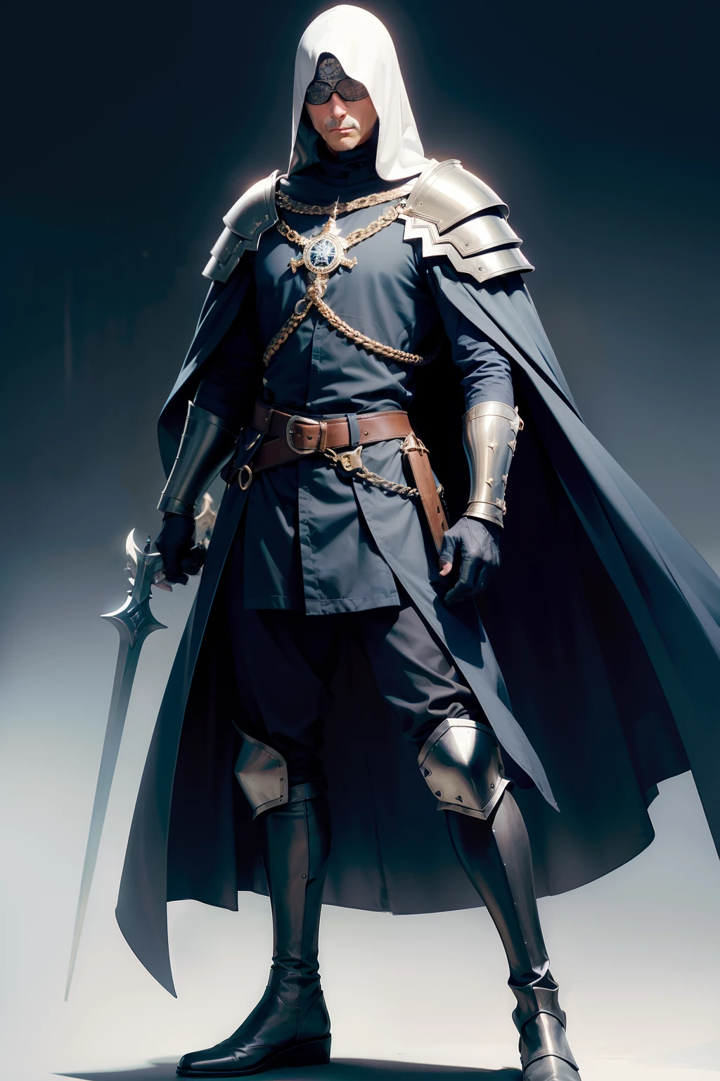 homem de meia idade, cabelos grisalhos curto, divindade, Deus da morte, deus do submundo, roupa preta, armadura branca, armadura medieval, botas, corpo todo, sem fundo