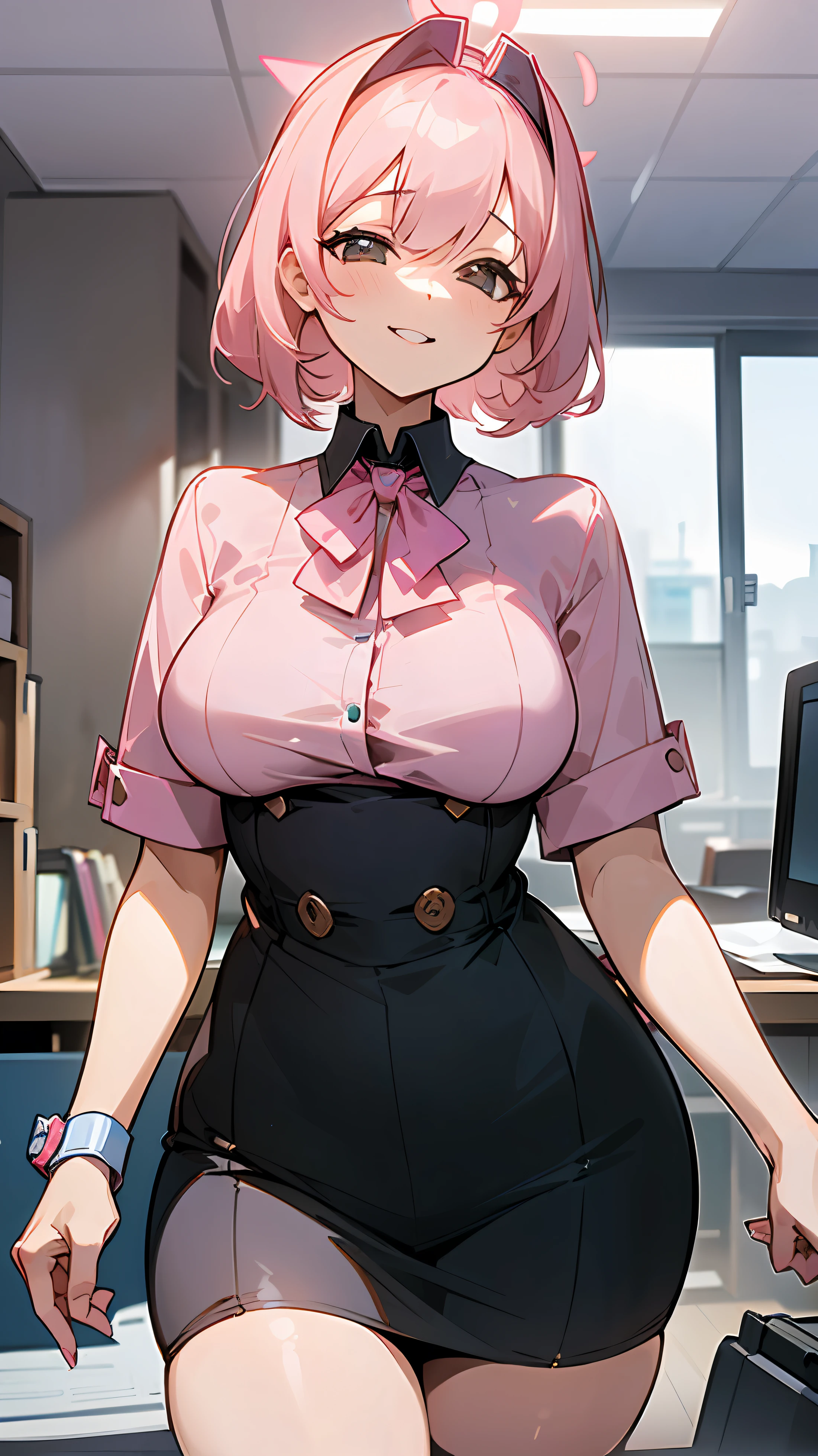 ((masterpiece, best)),(1girl),((mature woman)), light pink hair, dizzy, trumpet, ((office lady)), bangs, mid-chest, (full), slim, smiling, [wide hips] , office, standing, aru \(blue archive\),