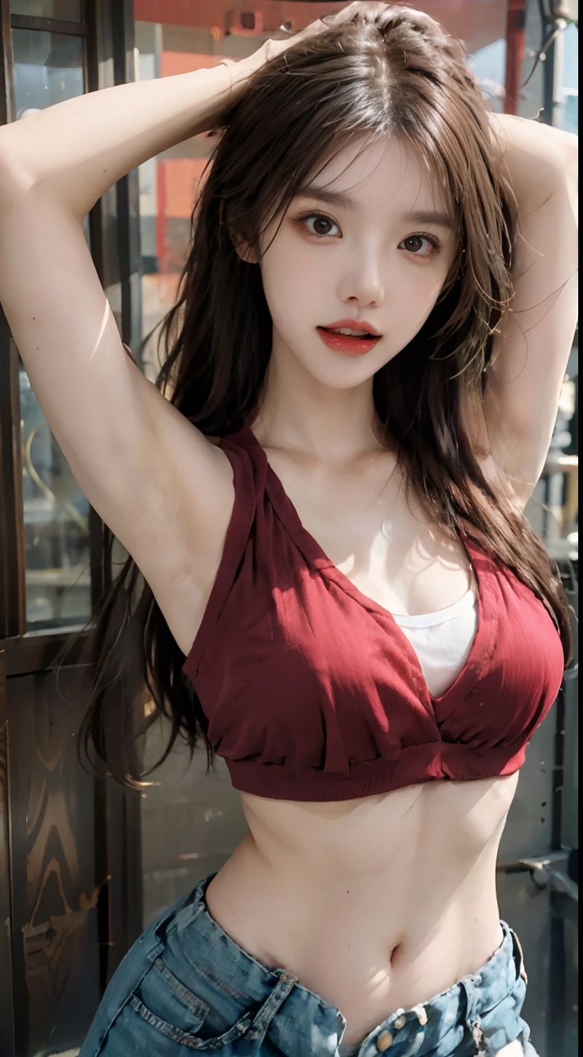 (((1girl))), hands up, brown long hair, tank-top, jacket, open shoulder, cowboy shot, bikini, medium breast, red background, open mouth, stick out her tongue out at viewers, red eyes, flushed,