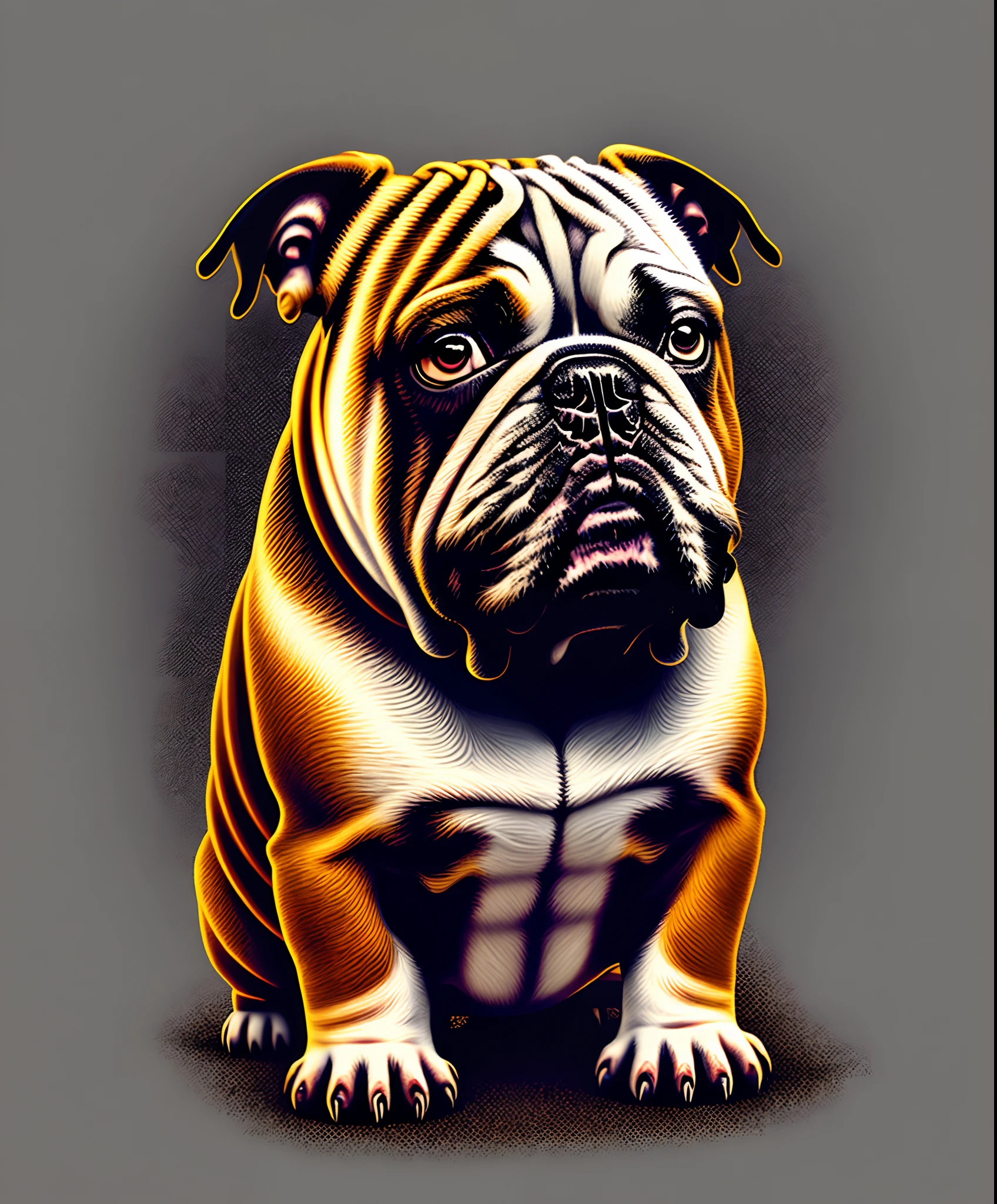 (close up photography of a bulldog), T-shirt logo in conical fine contour style, spelling view, arte em (fundo vazio:1.4)Hands,