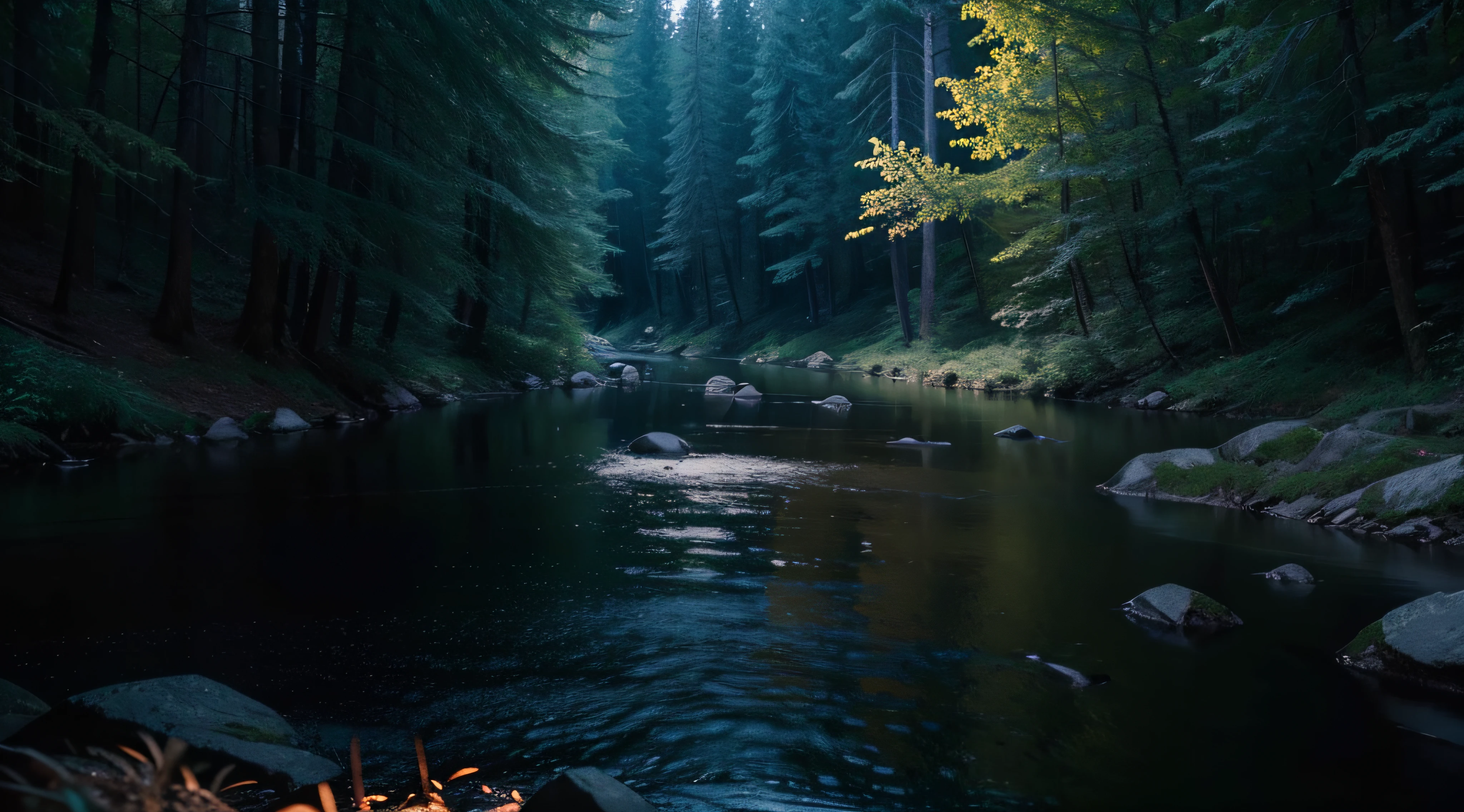 RAW, professional photograph, movie photograph, medium shot, Forest, night, river, night landscape, Realism, hyperrealism, ray tracing, high details, super detail, UHD, 8k