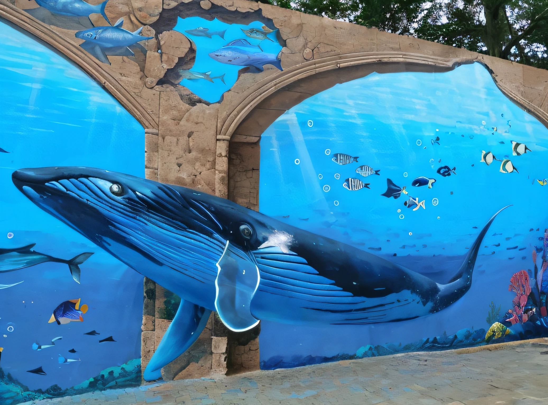 Porpoise and fish mural in blue ocean with stone arches, ultradetailed mural, streetart:2 Highly verbose, mural art, odeith, painted on a giant wall, photograph taken in 2 0 2 0, intricate frescoes, 3D art, 3D art, highly details, highly detailed 3 d art, incredible depth, public art, amazing depth