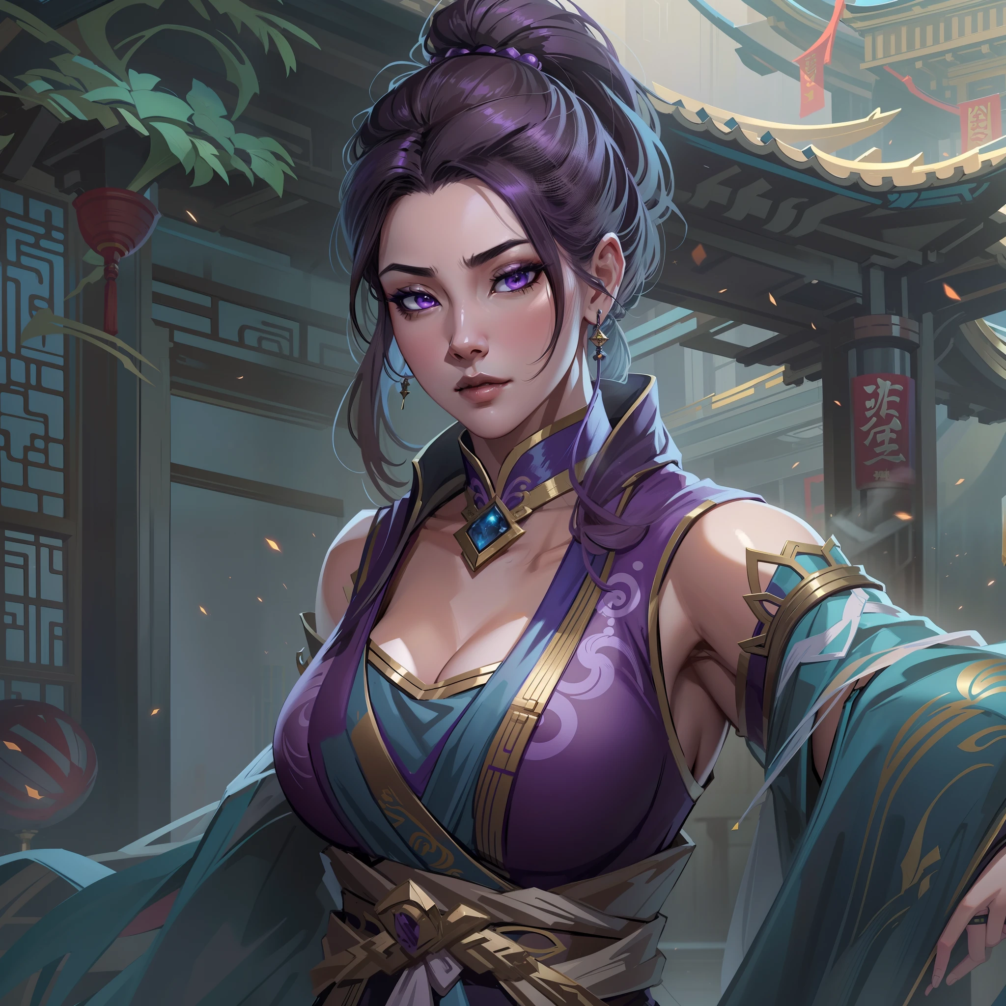 a close up of a strong amazon woman in her 30's, with purple eyes and grey-brown hair, wearing a black and purple ball gown dress, a heroine with purple eyes, martial artist holding polearm, standing in a chinese temple, new costume concept design, in the style of blade and soul, full body character concept, detailed character design, inspired by Yang Jin, inspired by Li Mei-Shu, chinese costume, inspired by Lan Ying, inspired by Sim Sa-Jeong, inspired by Li Tang, lunar themed attire, costume with blue accents, inspired by Ju Lian, colored concept art, highly detailed character design, highly detailed face, inspired by Ai Xuan, very highly detailed face, unreal engine render, final fantasy 14 style, inspired by Leng Mei